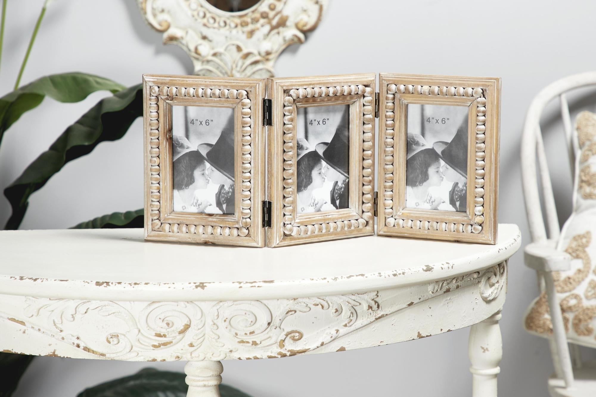 Brown Wood Beaded 3 Slot Ornate Photo Frame