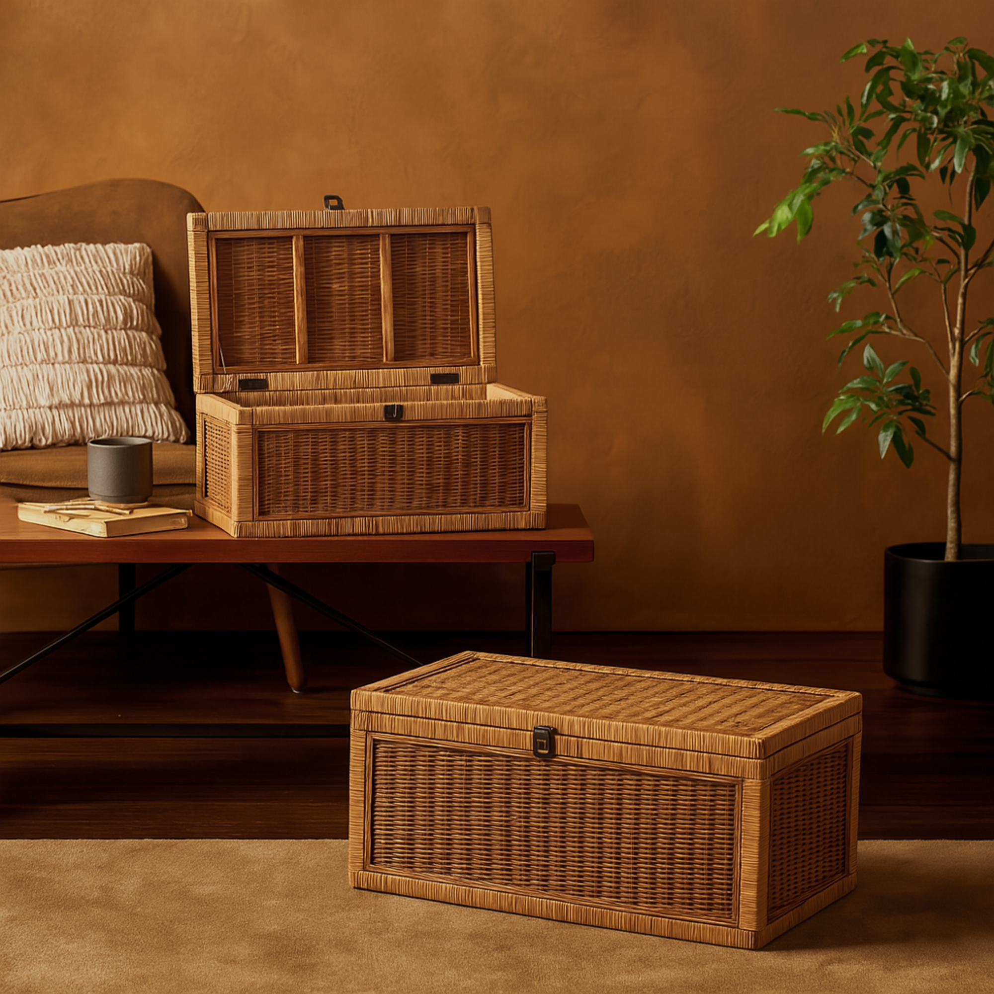 Set of 2 Brown Rattan Handmade Woven Storage Decorative Box with Wrapped Light Brown Edges