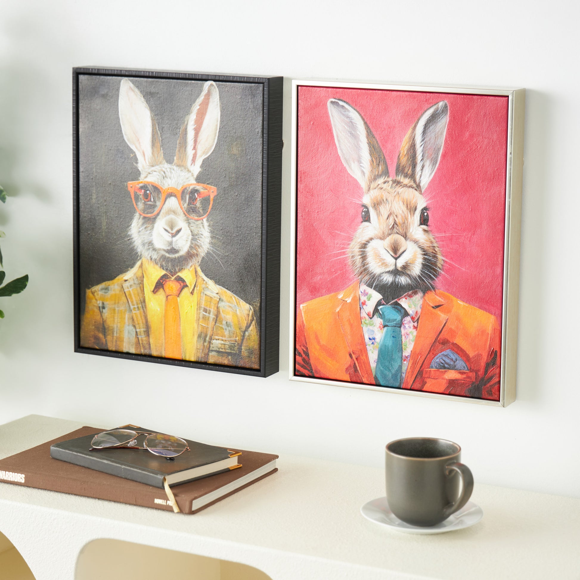 Set of 2 Rabbit Multi Colored Canvas Business Living Room Framed Wall Art with Glasses and Handkerchief