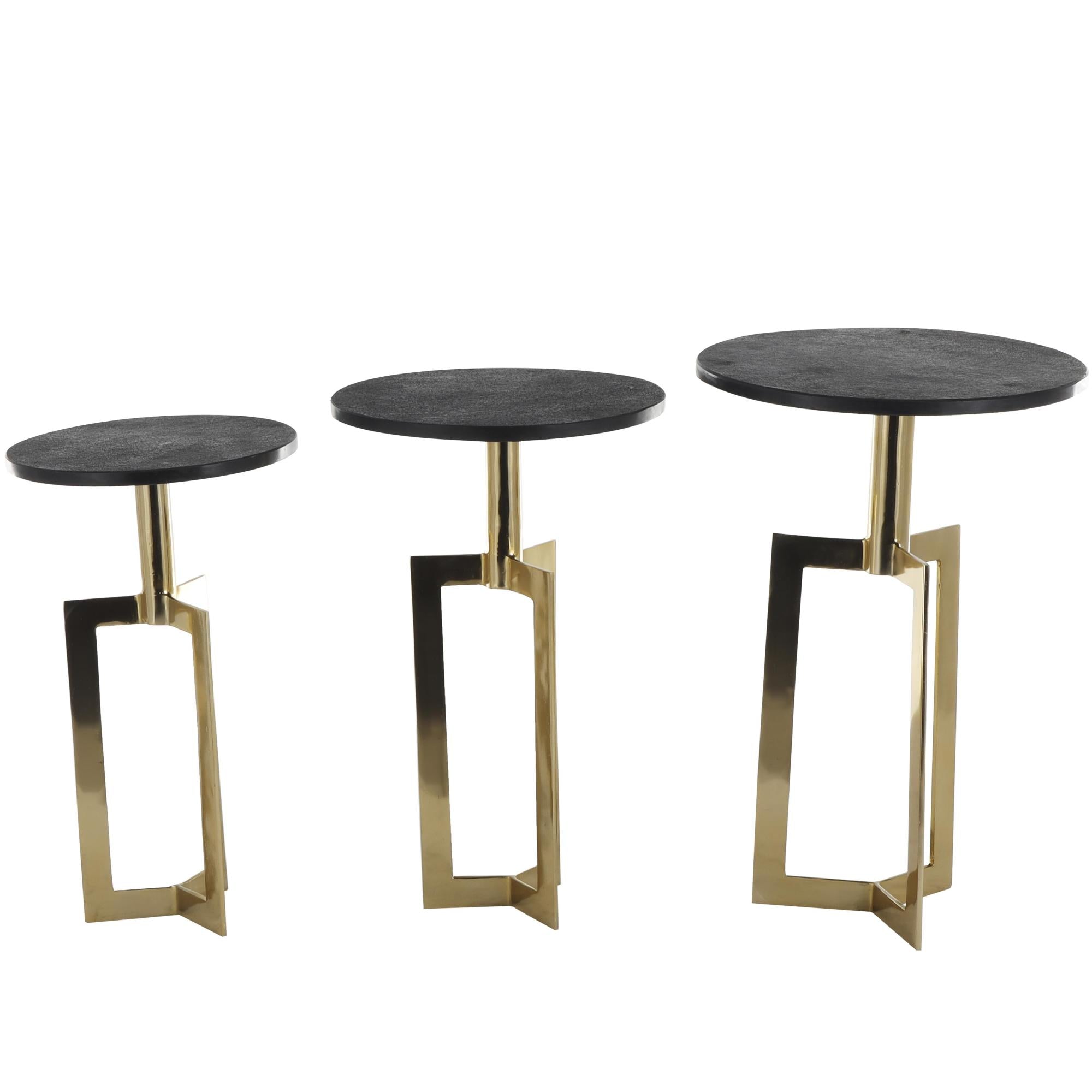 Set of 3 Geometric Aluminum Metal Side End Accent Table with Black Marble Tabletops Set of 3 24", 23", 21"H