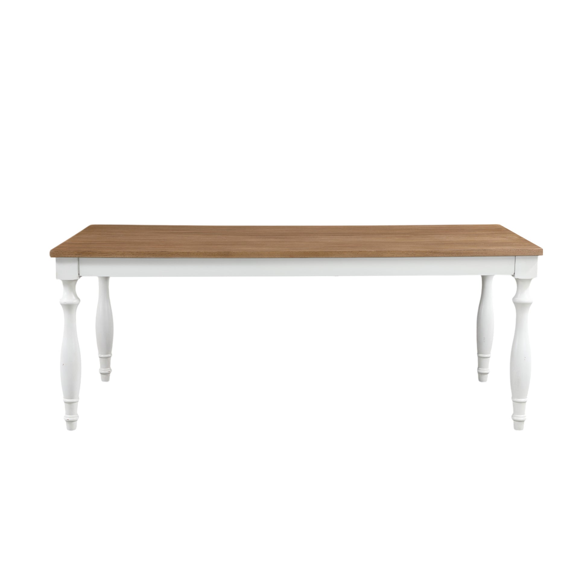 Brown Wood Slatted Kitchen Dining Table with White Turned Table Legs