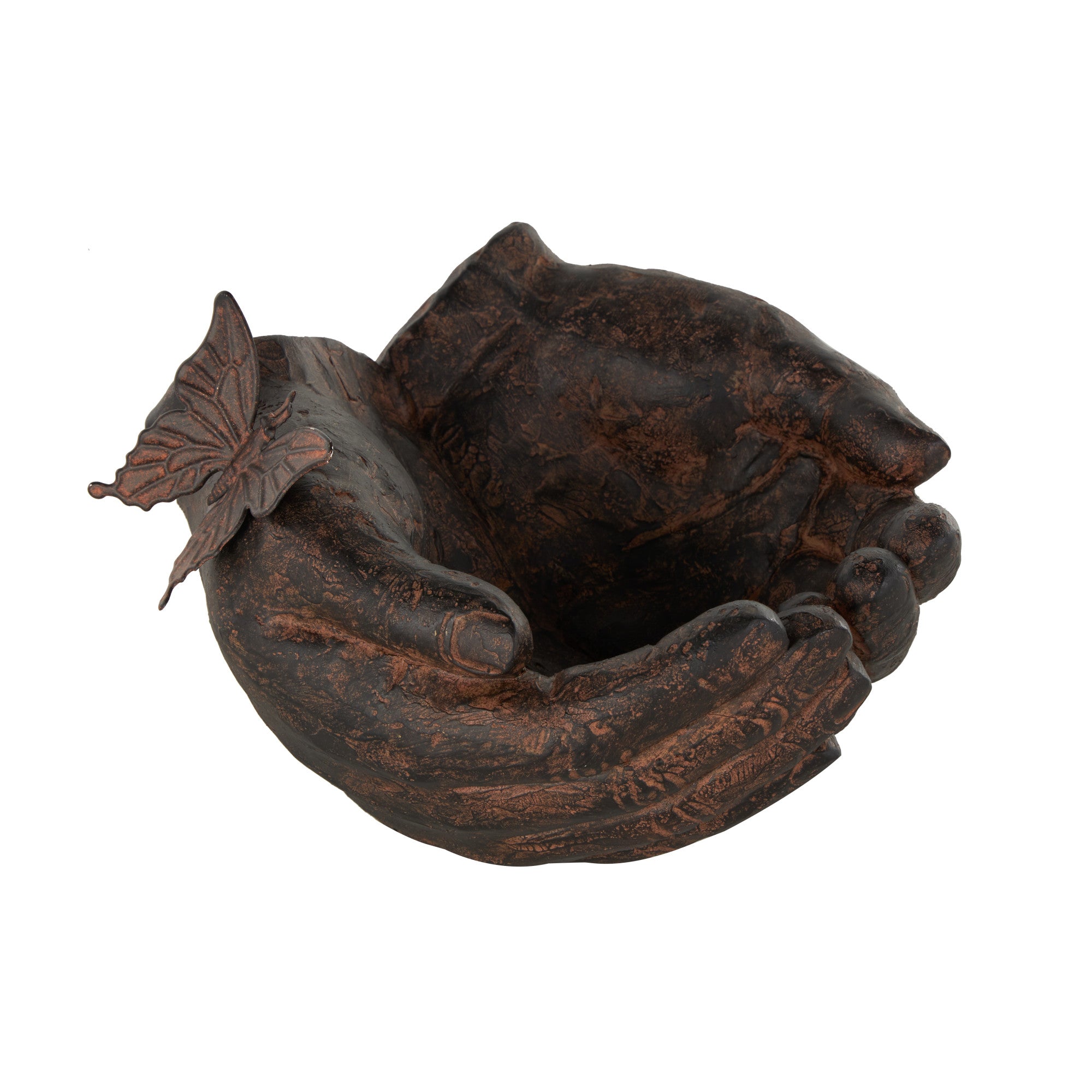 Hands Dark Brown Resin Open Decorative Sculpture with Butterfly and Copper Accents