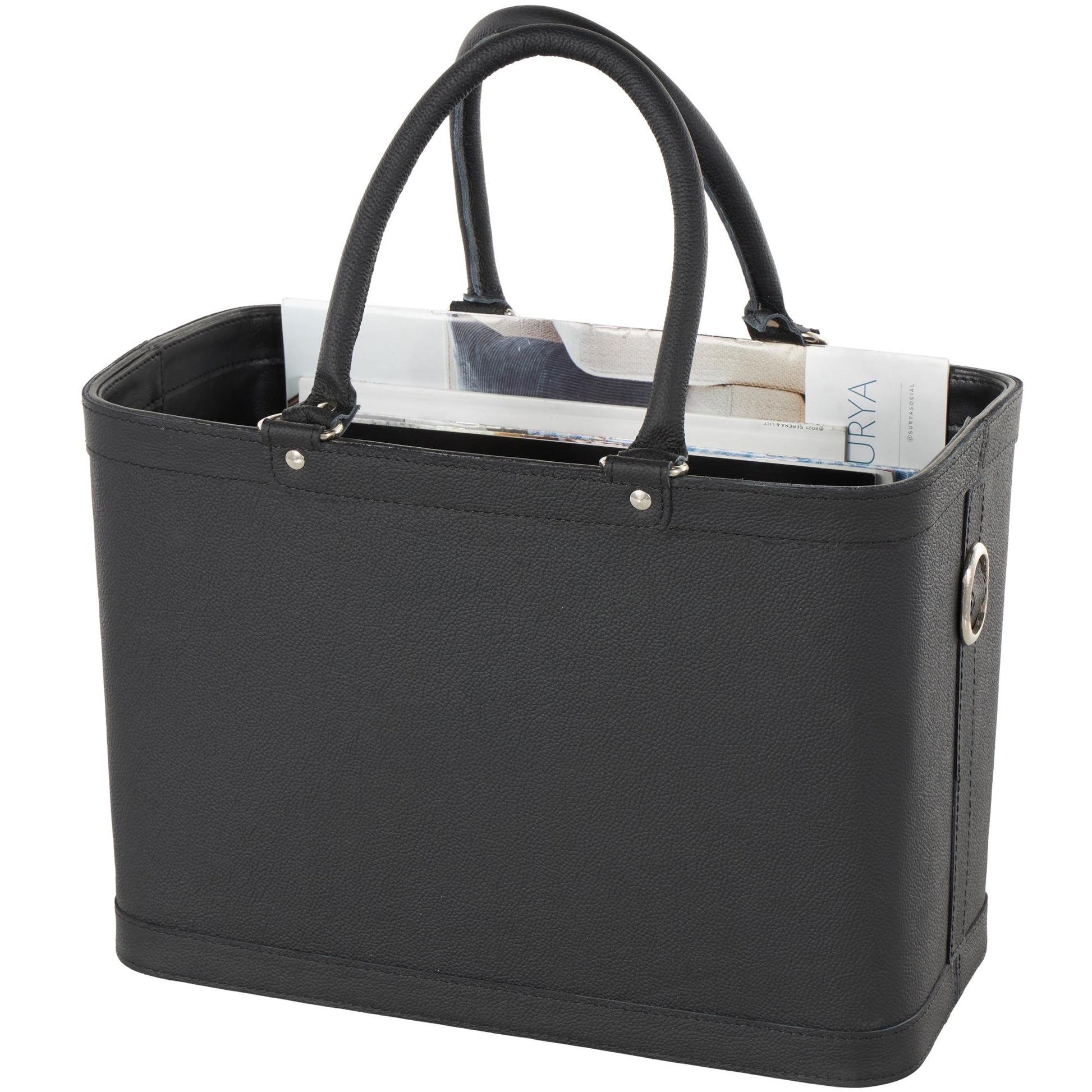 Black Leather Handmade Box Style Single Slot Decorative Magazine Holder with Arched Handles