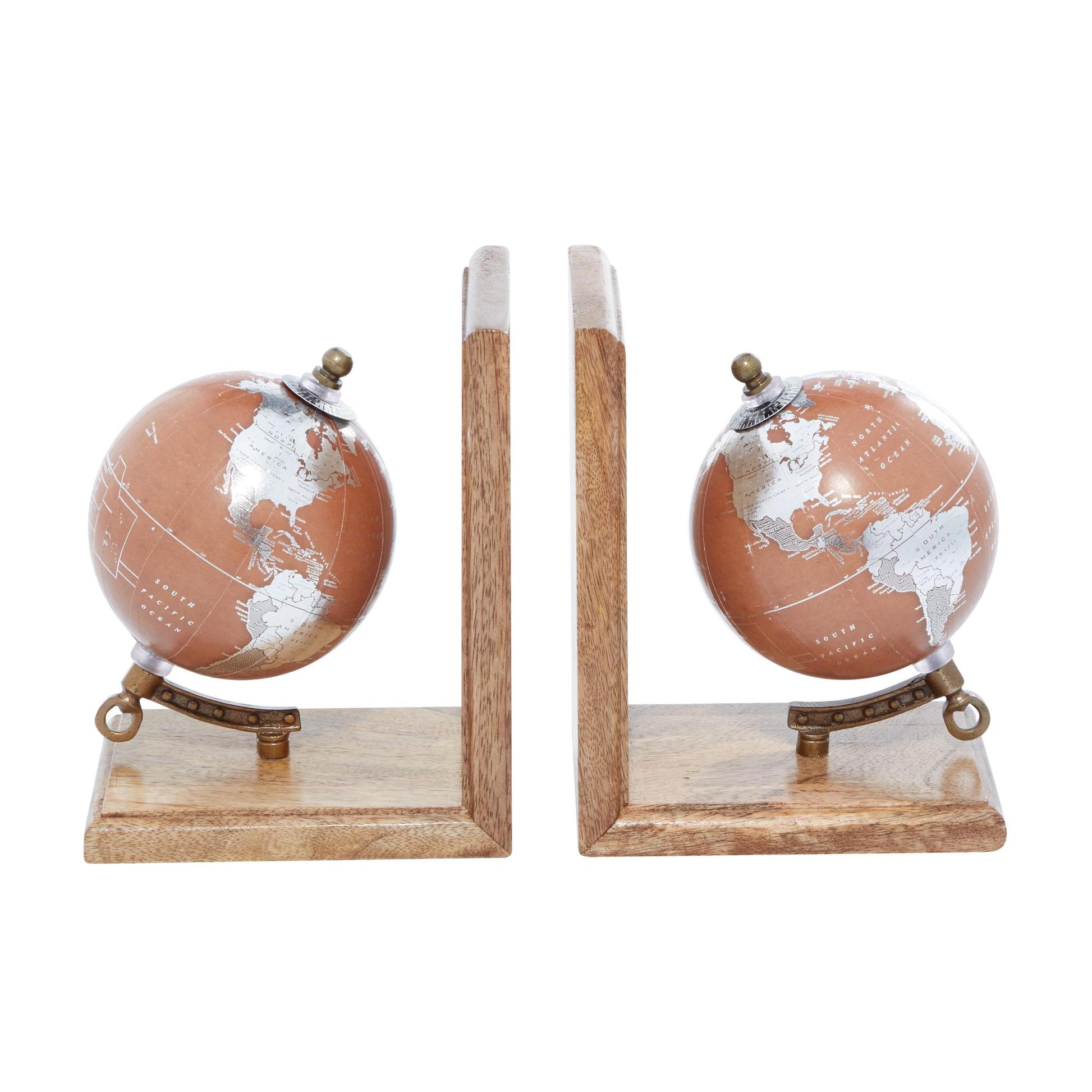 Set of 2 Globe Brown Wood Decorative Bookends