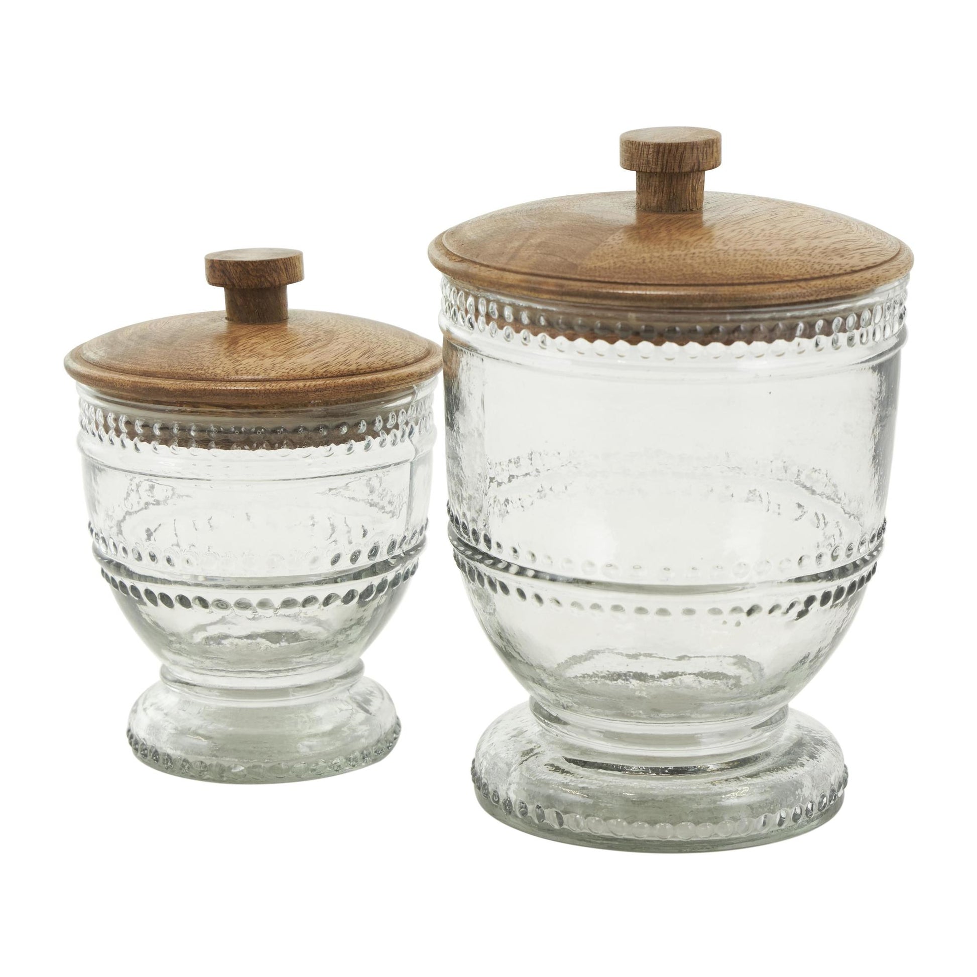 Set of 2 Clear Glass Beaded Living Room Decorative Jars with Wood Lids