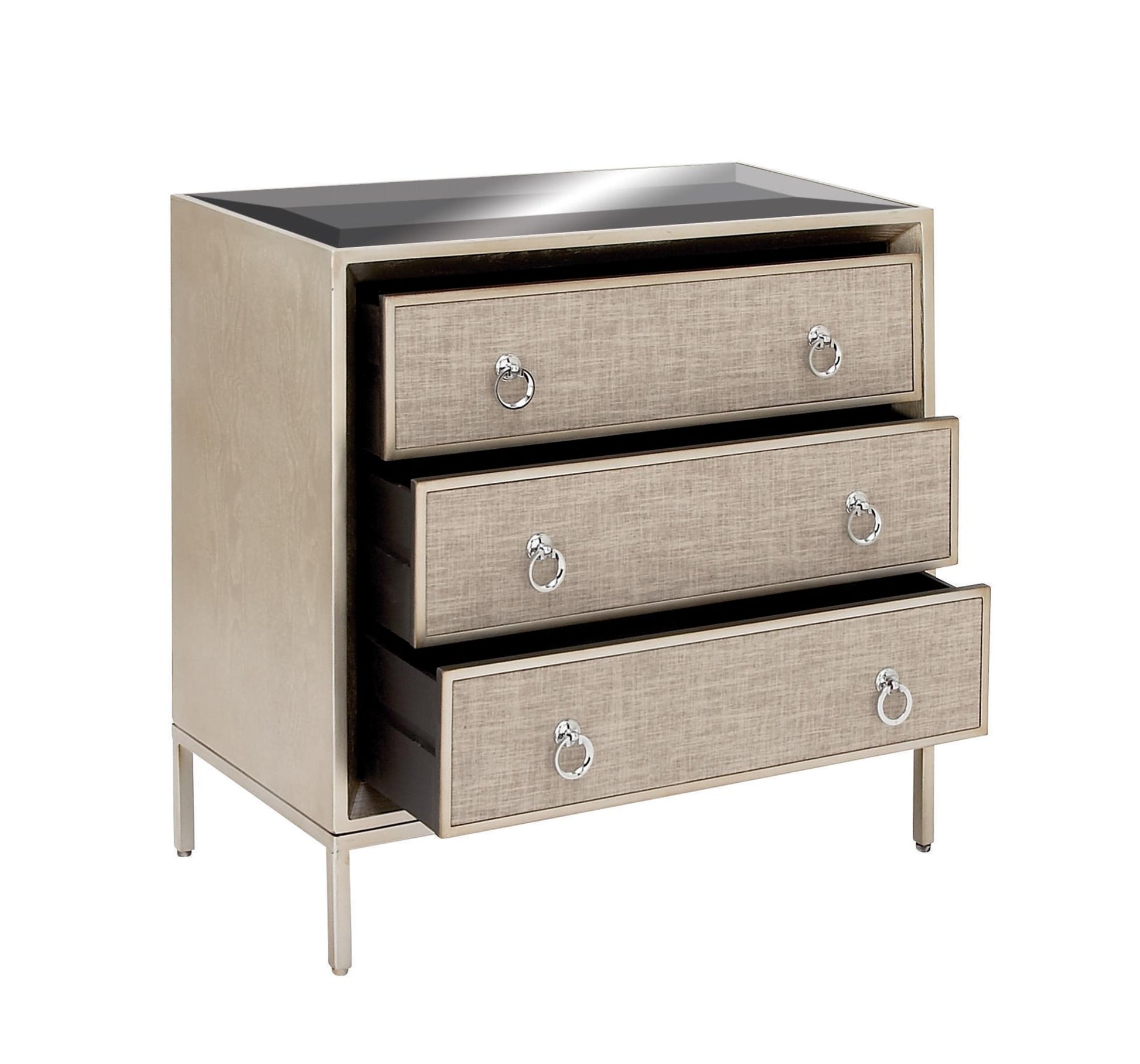Beige Wooden Upholstered Front Panel 3 Drawer Room Chest with Mirrored Top and Ring Handles