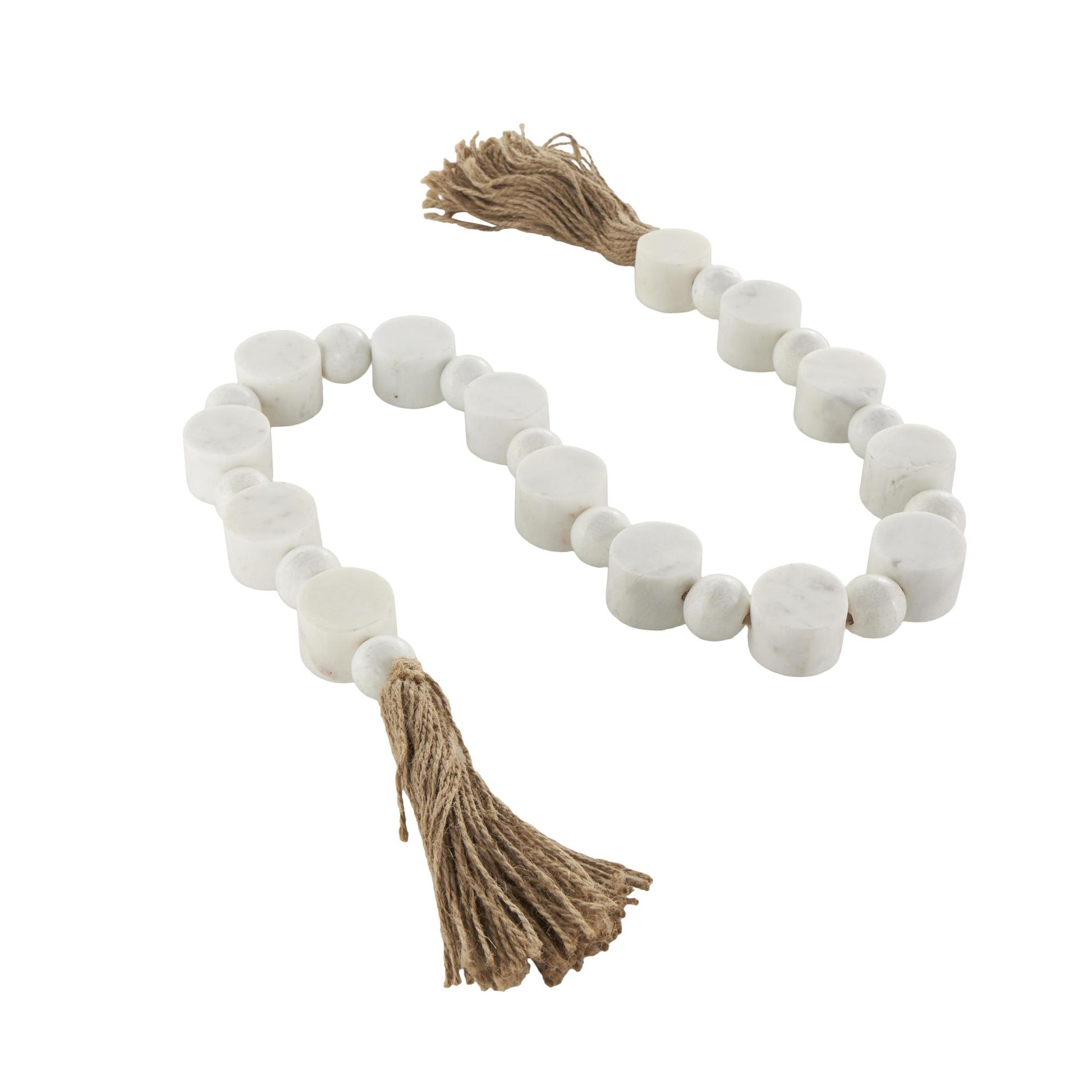White Marble Handmade Round Extra Long Orb Beaded Garland with Tassel with Knotted Brown Jute