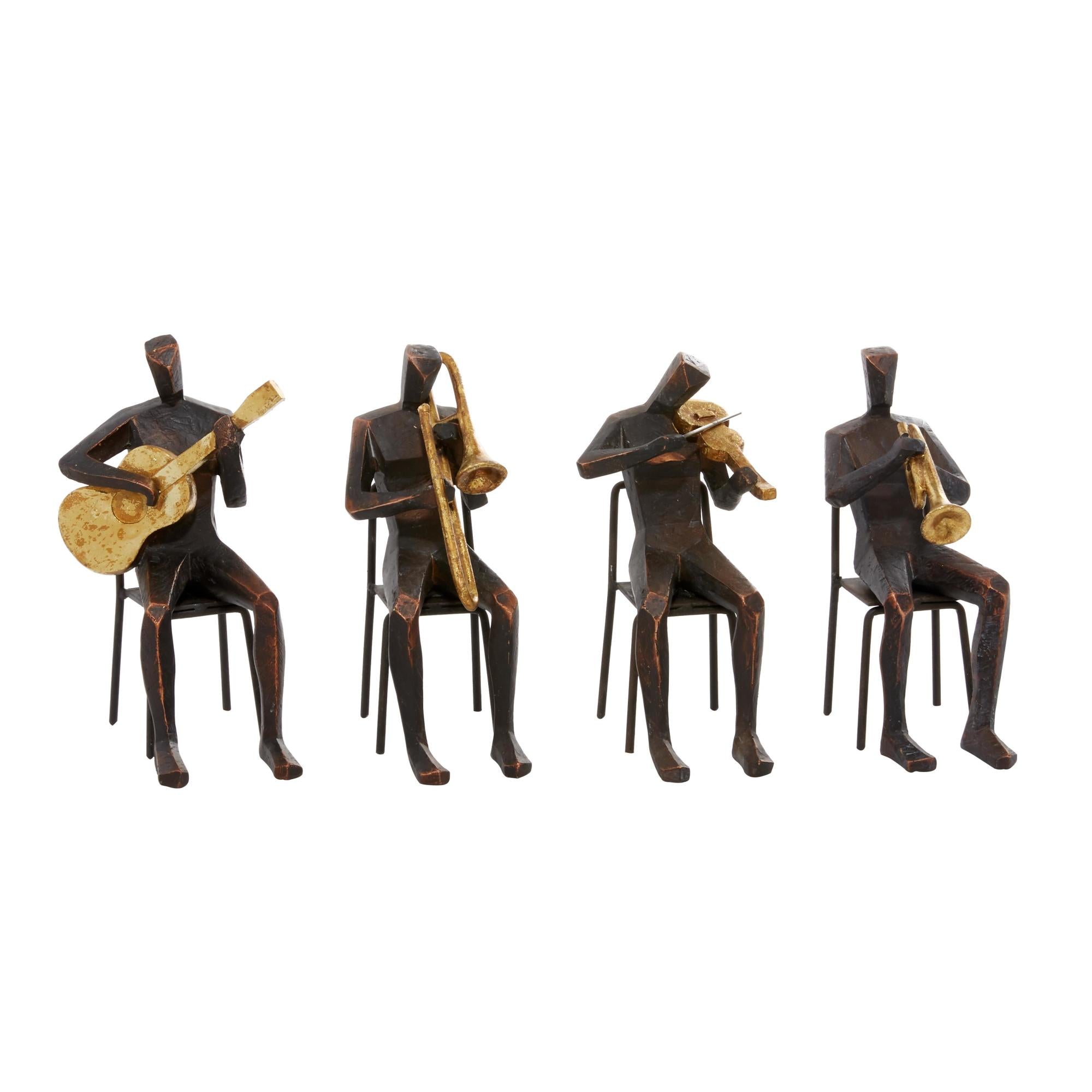 Set of 4 Musician Brown Polystone Decorative Sculpture with Gold Instruments