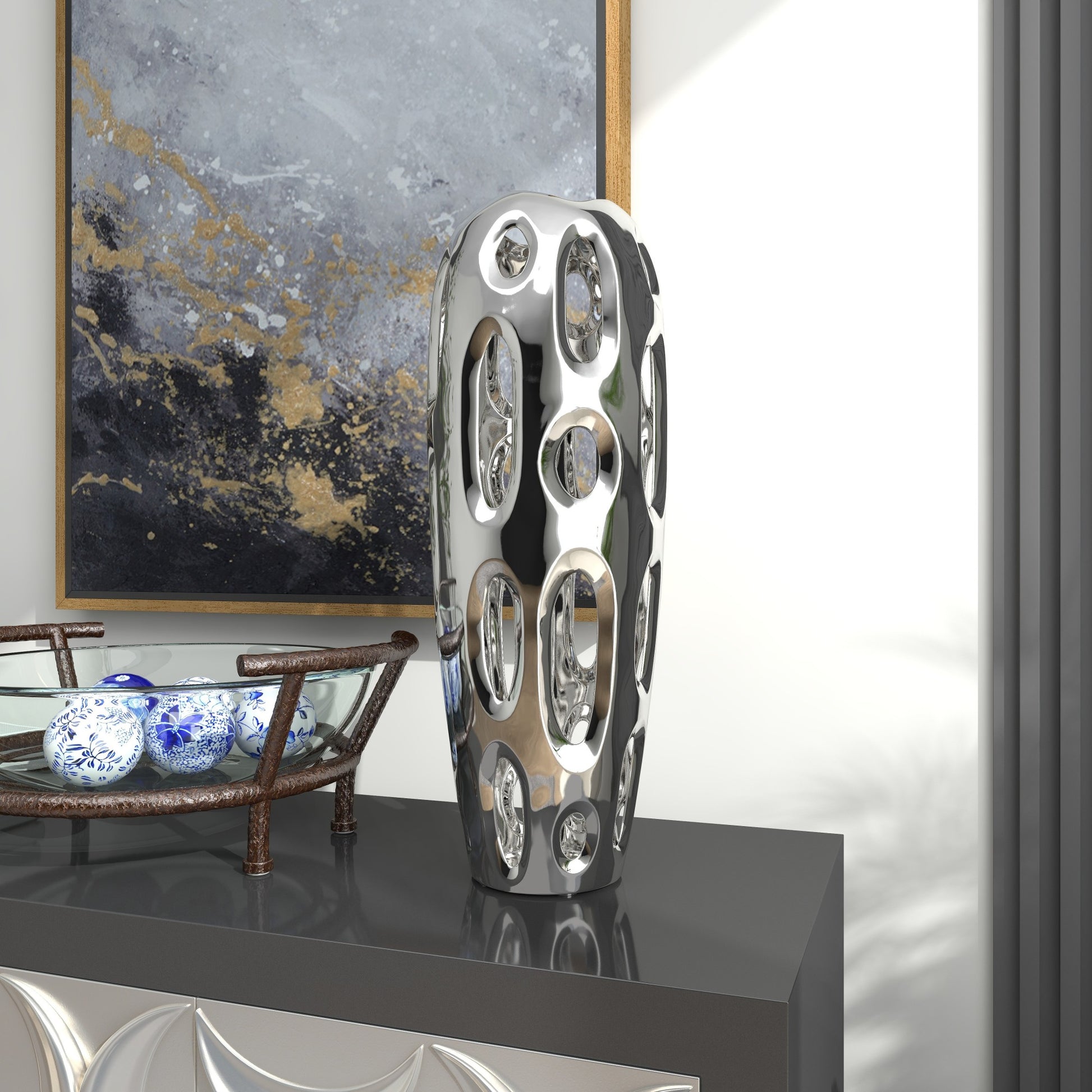 Silver Ceramic Decorative Vase with Cut Out Designs