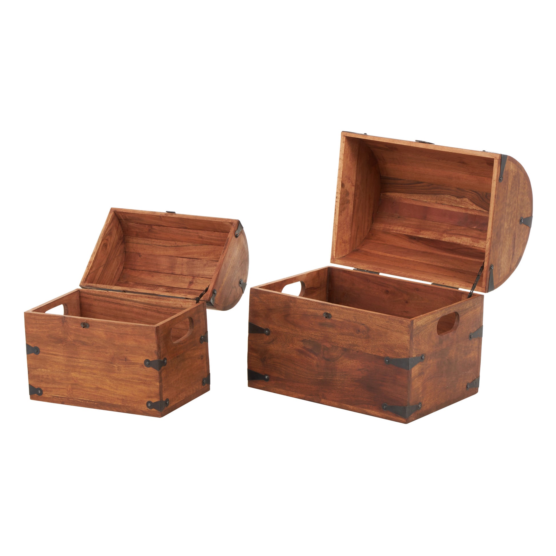 Set of 2 Brown Wood Handmade Arched Storage Chest Decorative Box with Black Metal Hardware