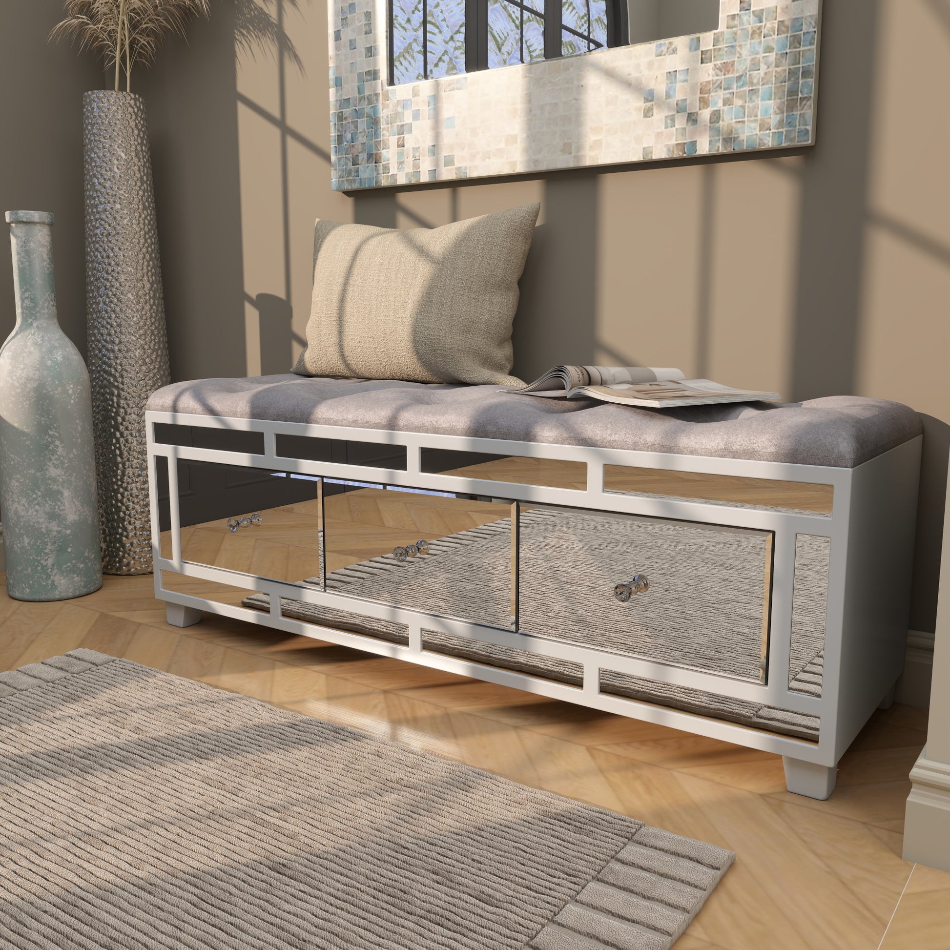 Gray Velvet Mirrored 3 Drawer Room Storage Bench with Upholstered Seat