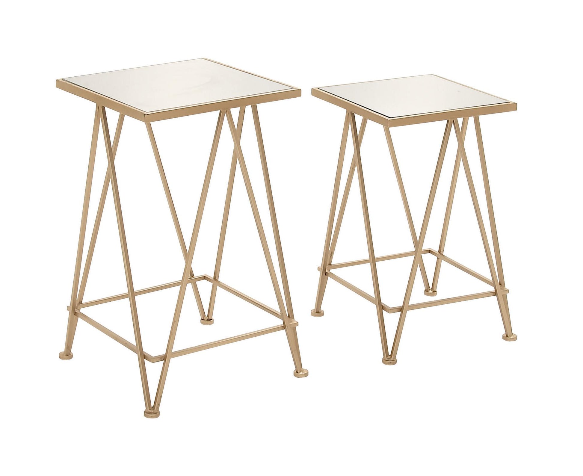 Set of 2 Geometric Gold Metal Square Side End Accent Table with Mirrored Glass Top