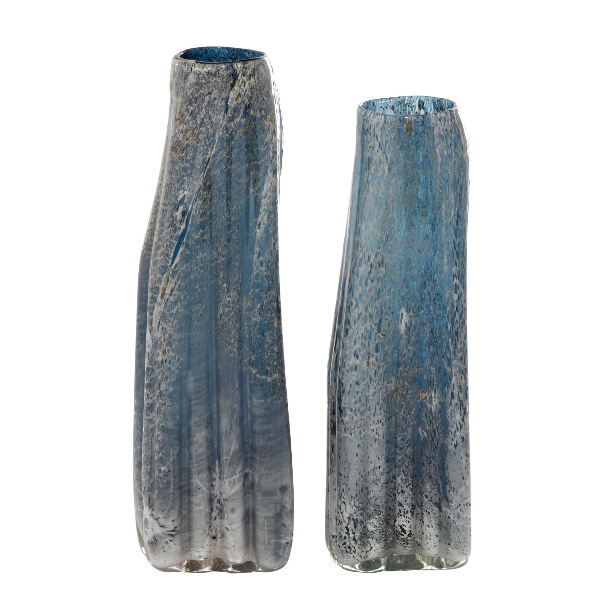 Set of 2 Abstract Blue Glass Handmade Blown Decorative Vase