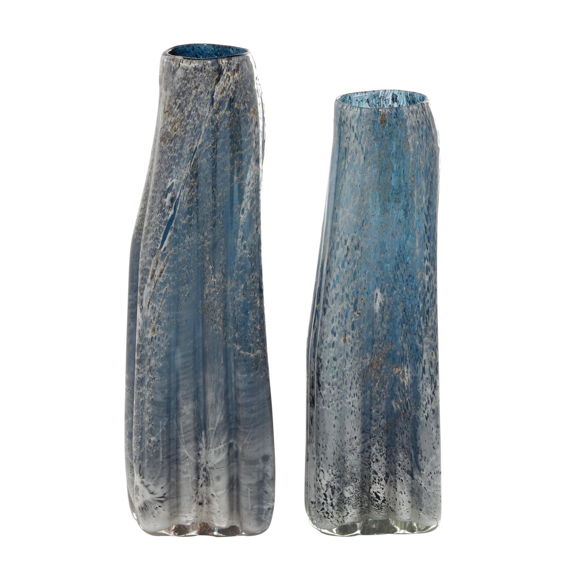 Set of 2 Abstract Blue Glass Handmade Blown Decorative Vase