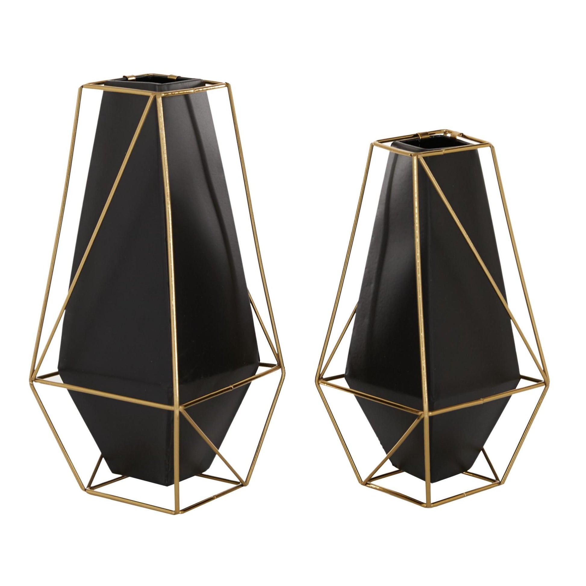Set of 2 Geometric Black Metal Decorative Vase with Gold Wire Accents