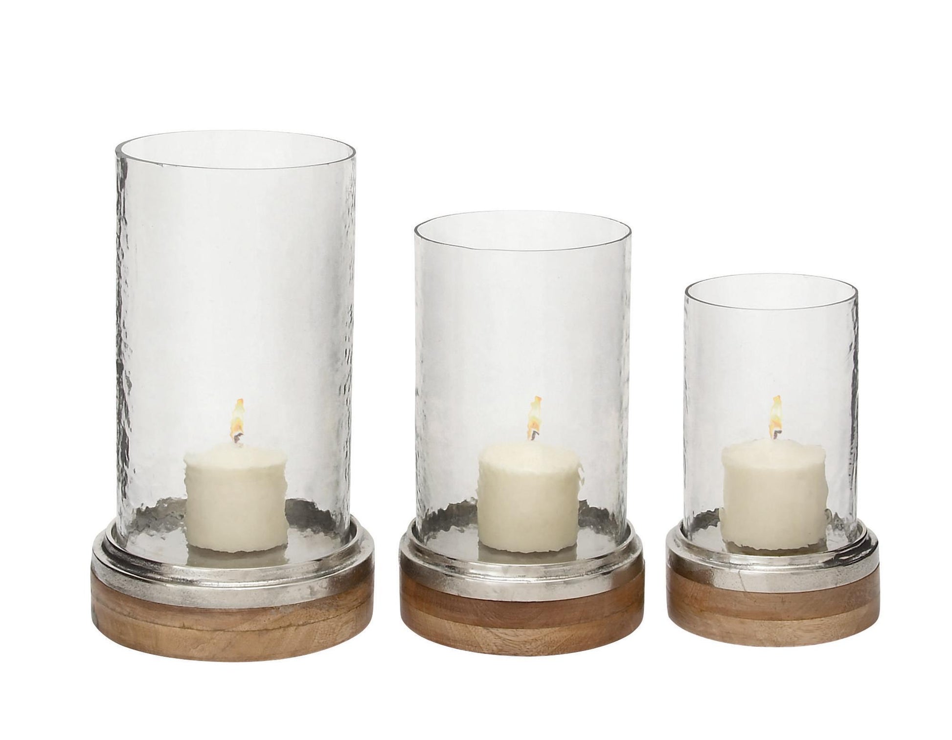 Set of 3 Brown Wood Pillar Room Hurricane Lamp with Glass Candle Holders
