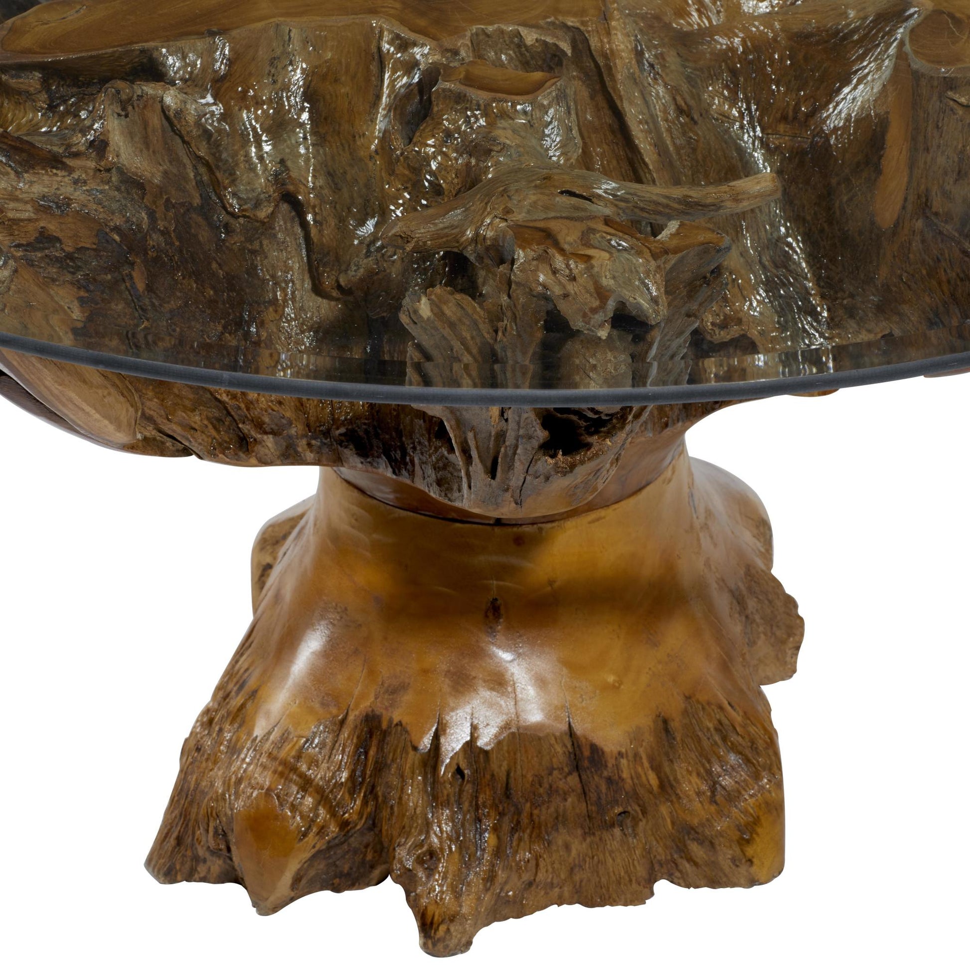 Brown Teak Wood Handmade Live Edge Tree Stump Living Room Coffee Table with Clear Glass Top