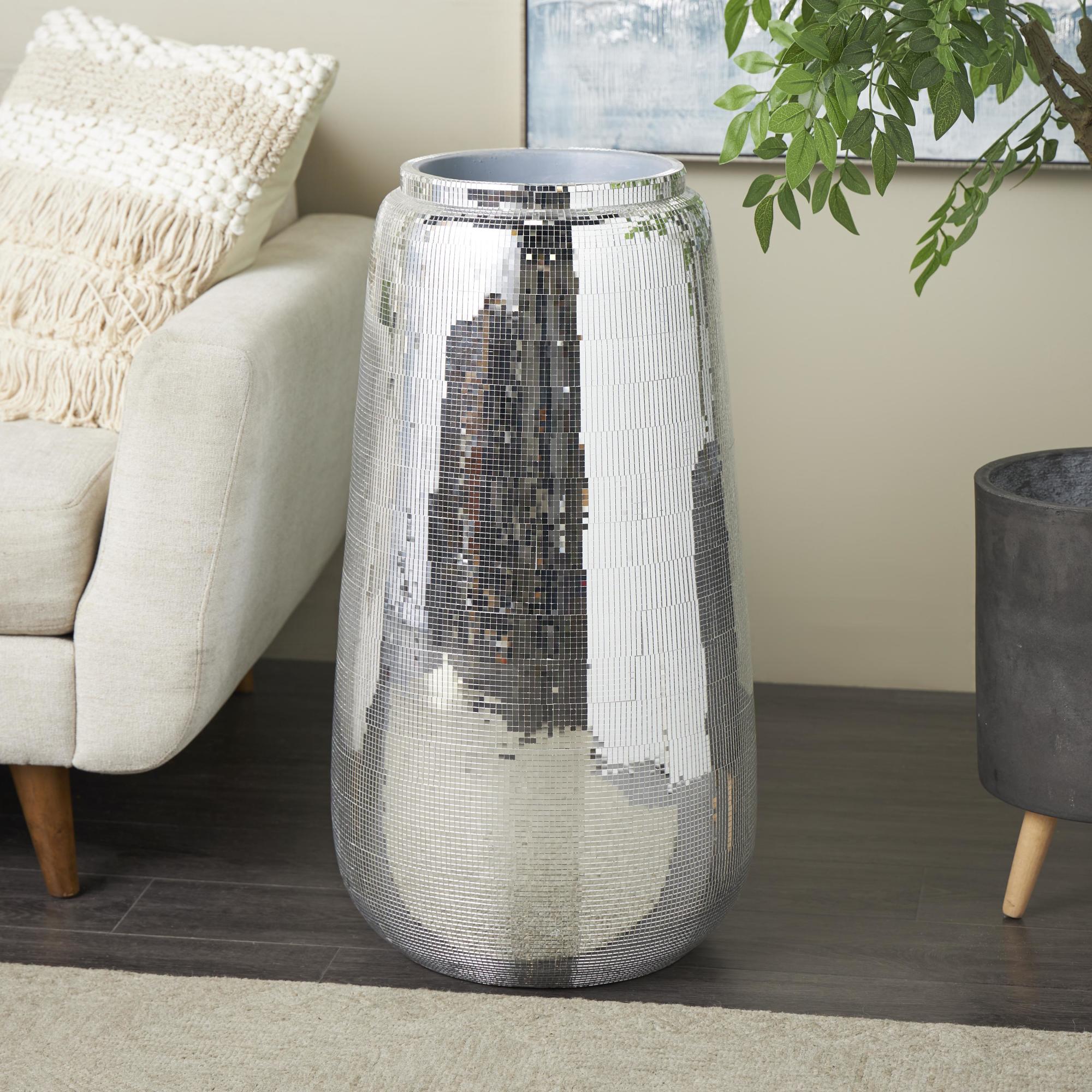 Silver Fiberglass Mosaic Floor Decorative Vase with Blue Interior