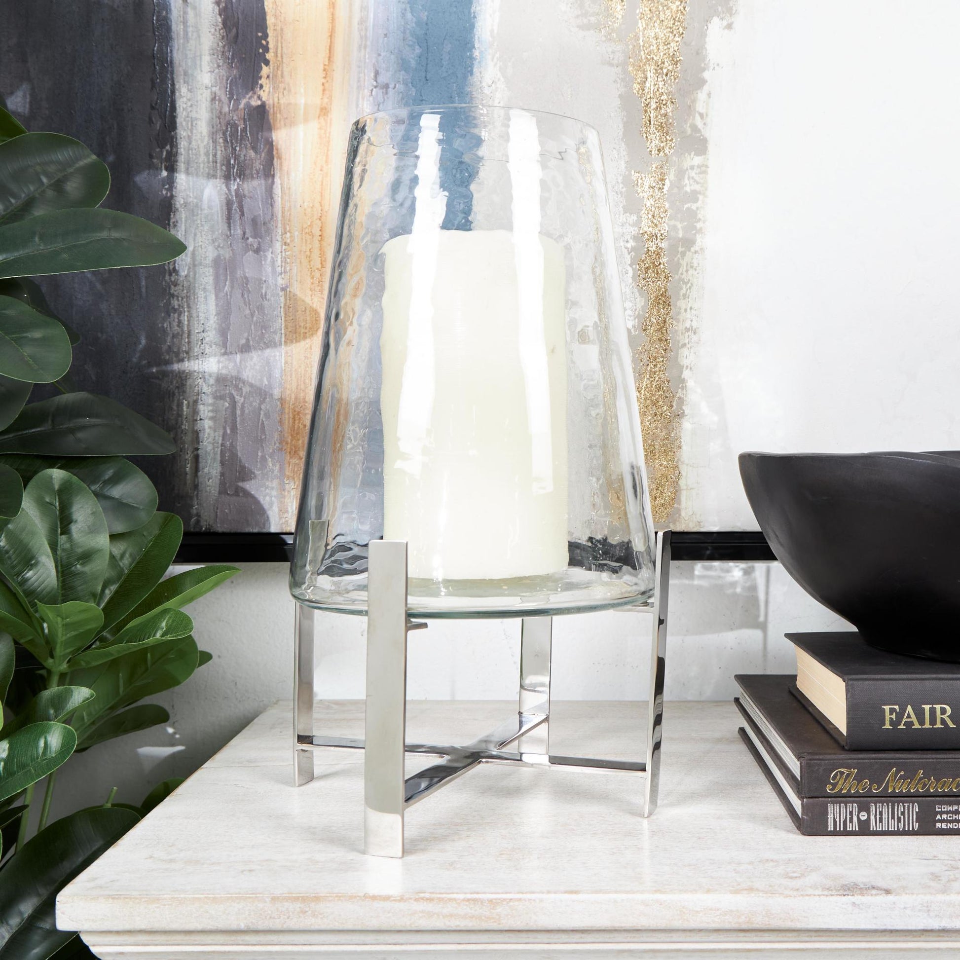 Clear Stainless Steel Metal Room Hurricane Lamp with Stainless Steel X Shaped Base