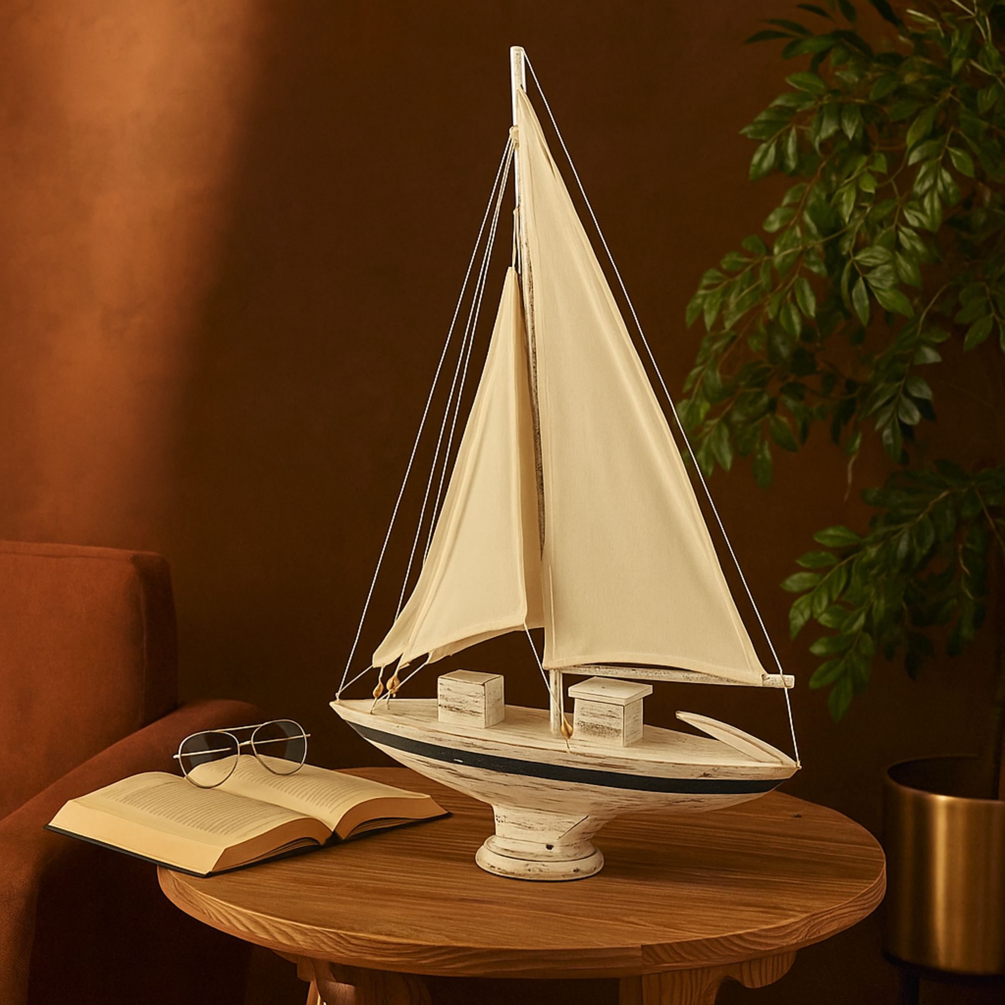 Sail Boat White Wood Distressed Decorative Sculpture with Brown Beaded Accents