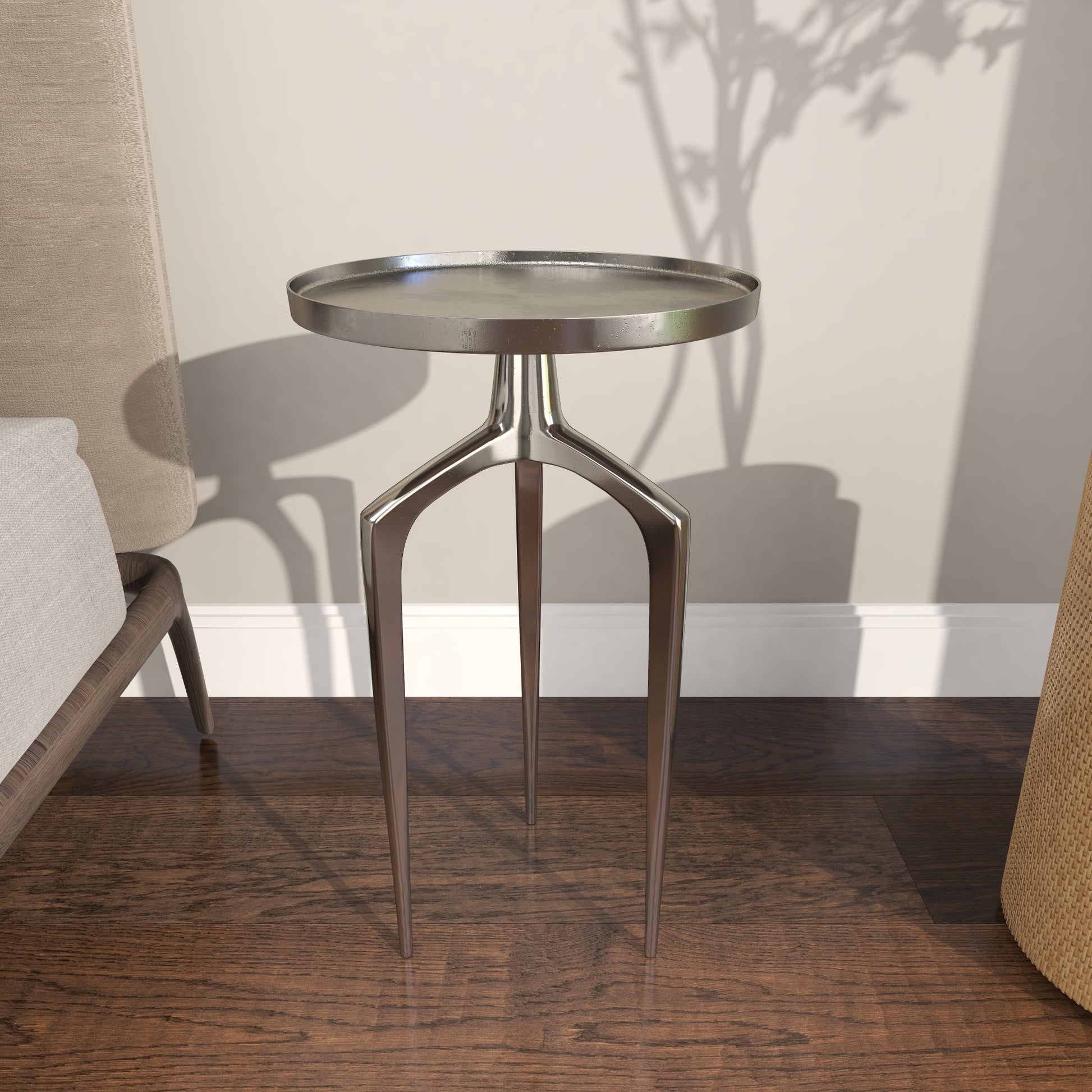 Aluminum Metal Tray Inspired Top Side End Accent Table with 3 Tripod Legs