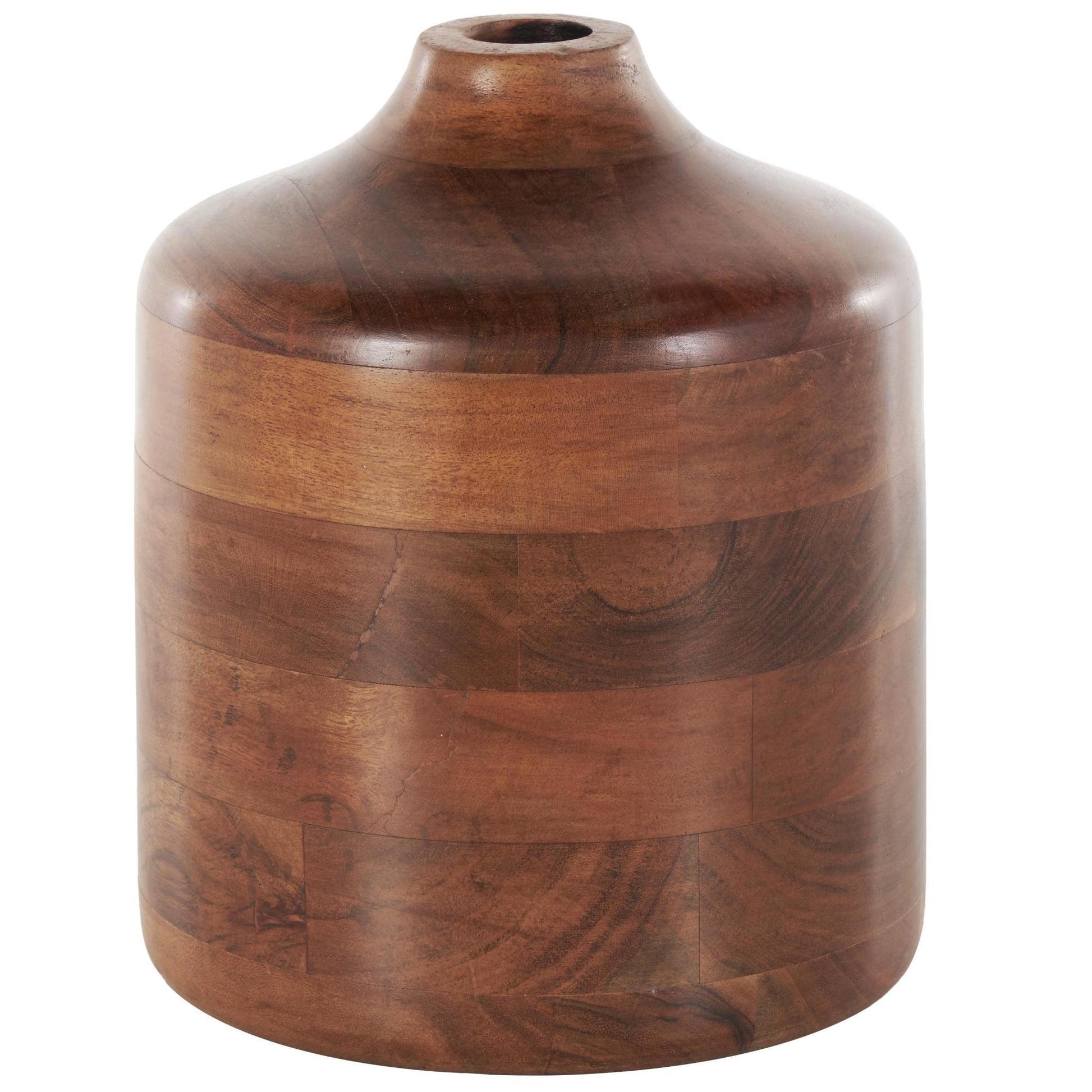 Brown Wood Decorative Vase with Mosaic Strips and Natural Wood Grains