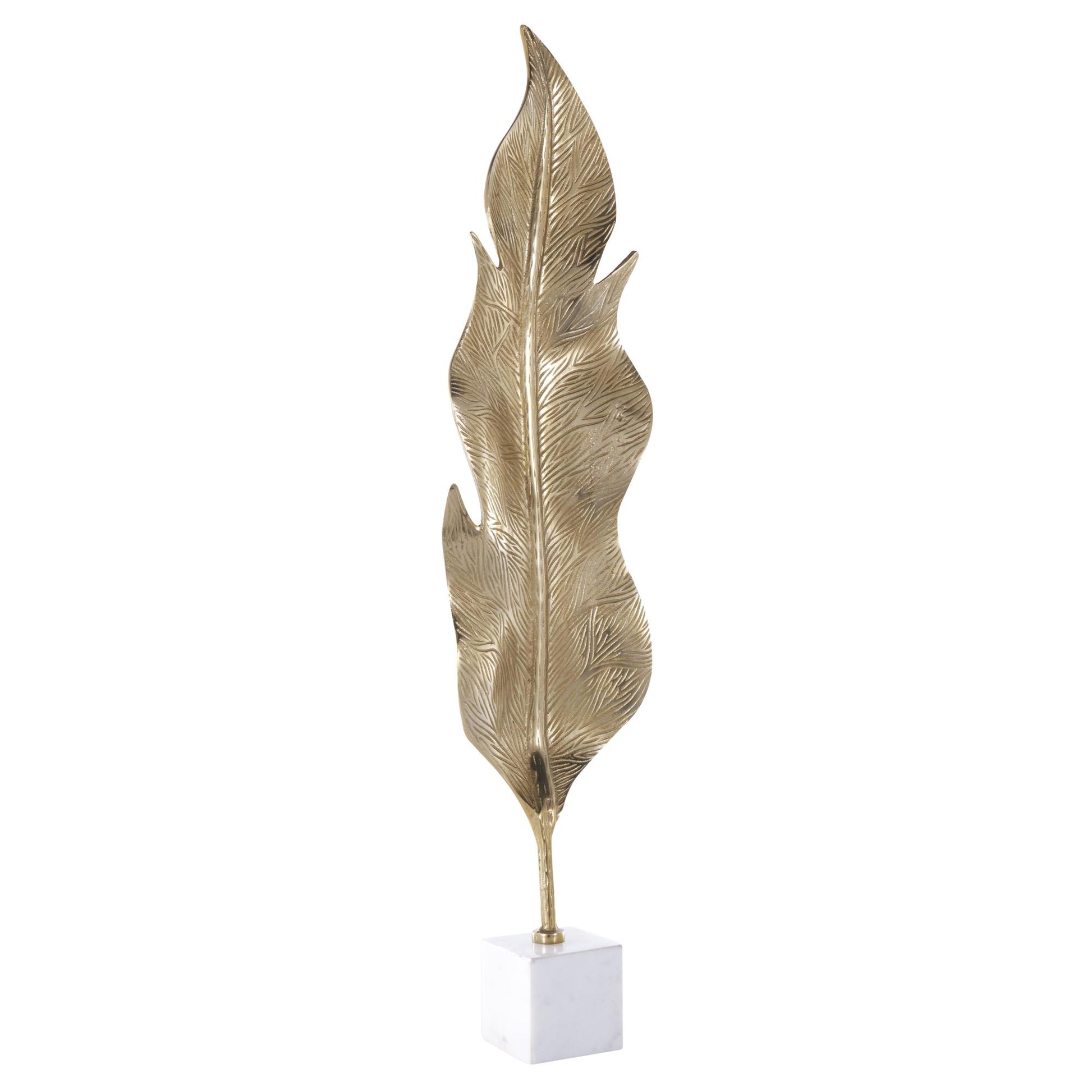 Leaf Gold Aluminum Metal Tall Textured Decorative Sculpture with White Marble Base