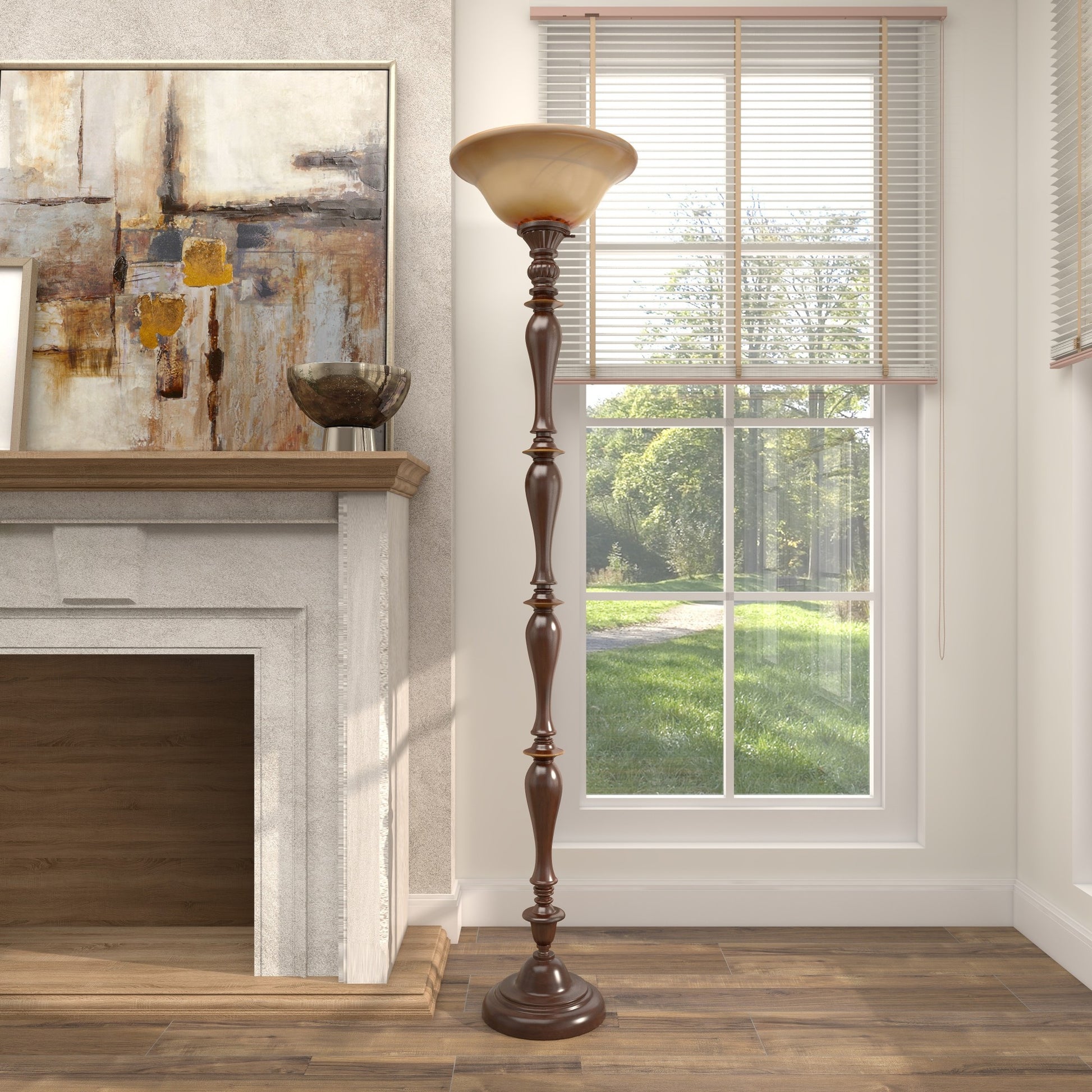 Brown Polystone Antique Style Turned Room Torchiere with Cream Glass Shade