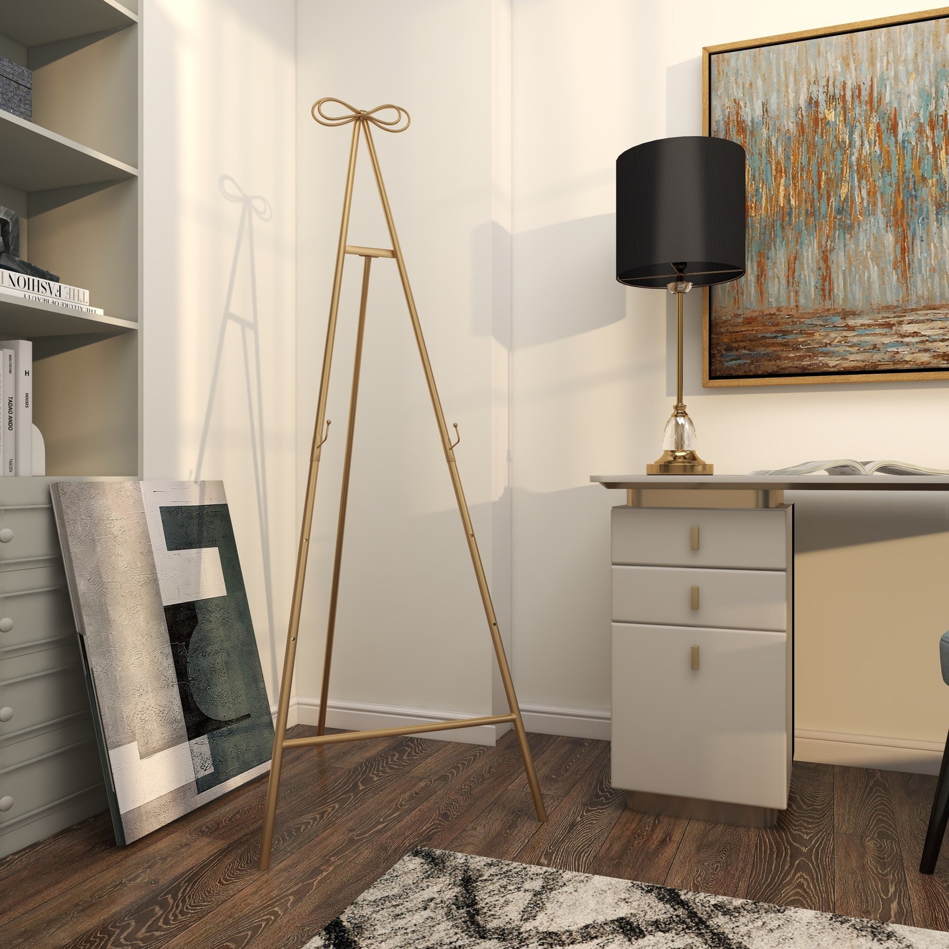 Gold Metal Tall Adjustable Floor 3 Tier Display Easel with Bow Top