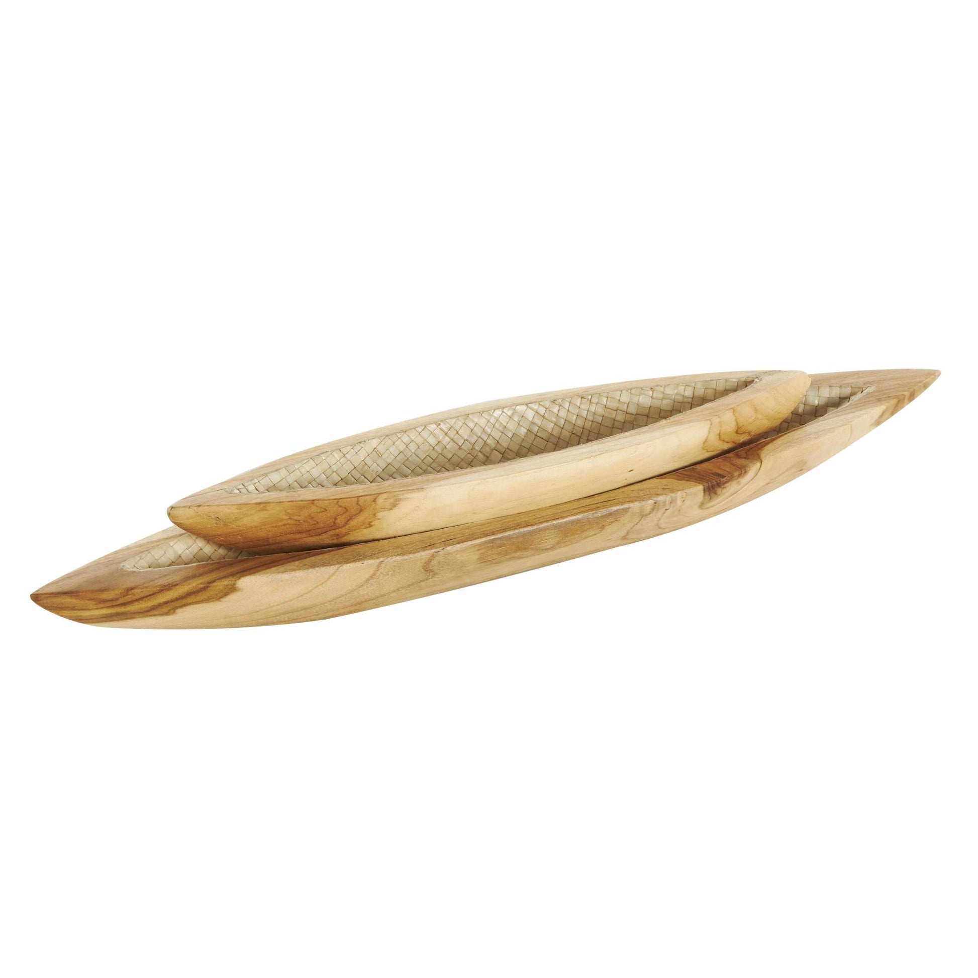 Set of 2 Boat Brown Teak Wood Handmade Carved Living Room Decor Tray with Woven Palm Leaf Interior
