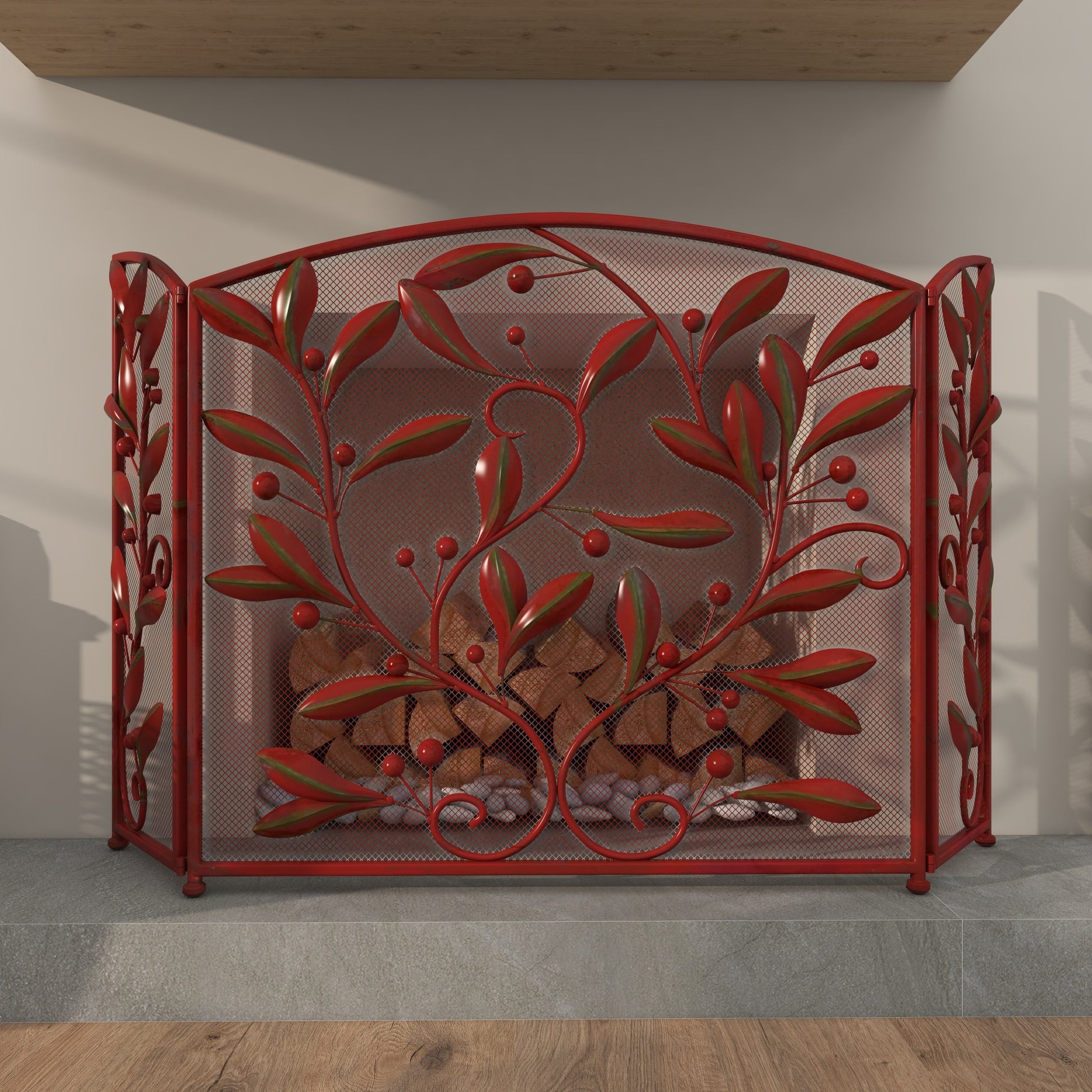 Leaf Metal Foldable Mesh Netting 3 Panel Living Room Fireplace Screen with Leaf and Vine Relief