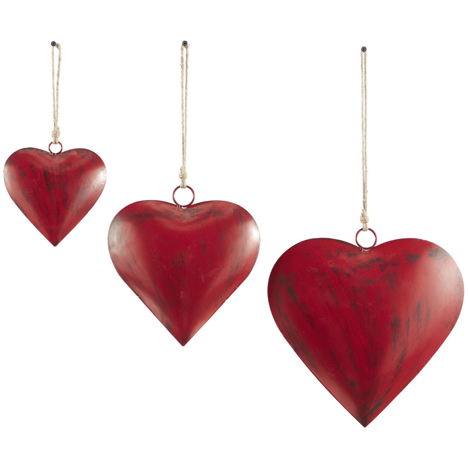Set of 3 Heart Metal Tibetan Inspired Weathered Indoor Outdoor Decorative Bells with Jute Hanging Rope