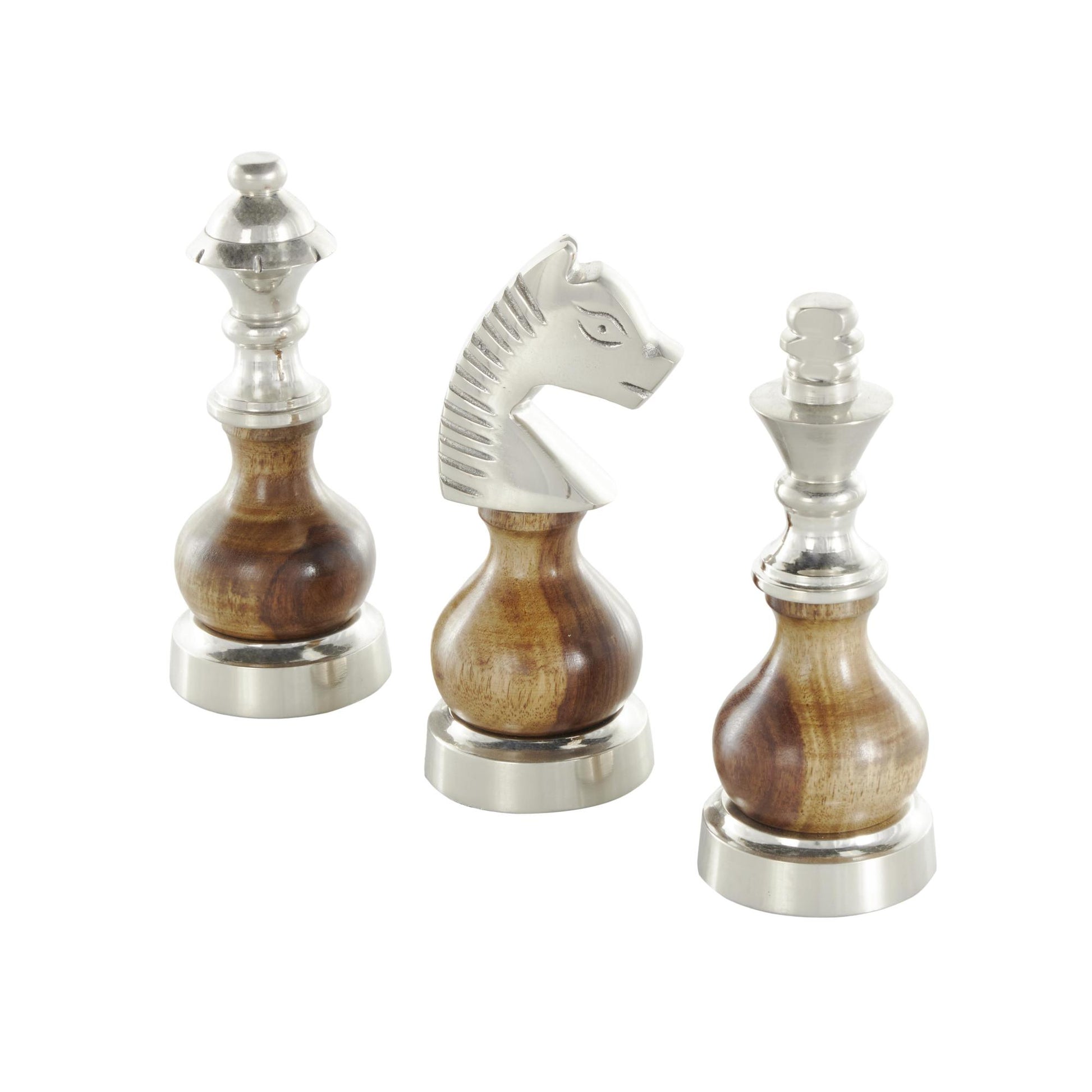 Set of 3 Chess Aluminum Metal Decorative Sculpture with Mango Wood Center Set of 3 2"W, 6"H