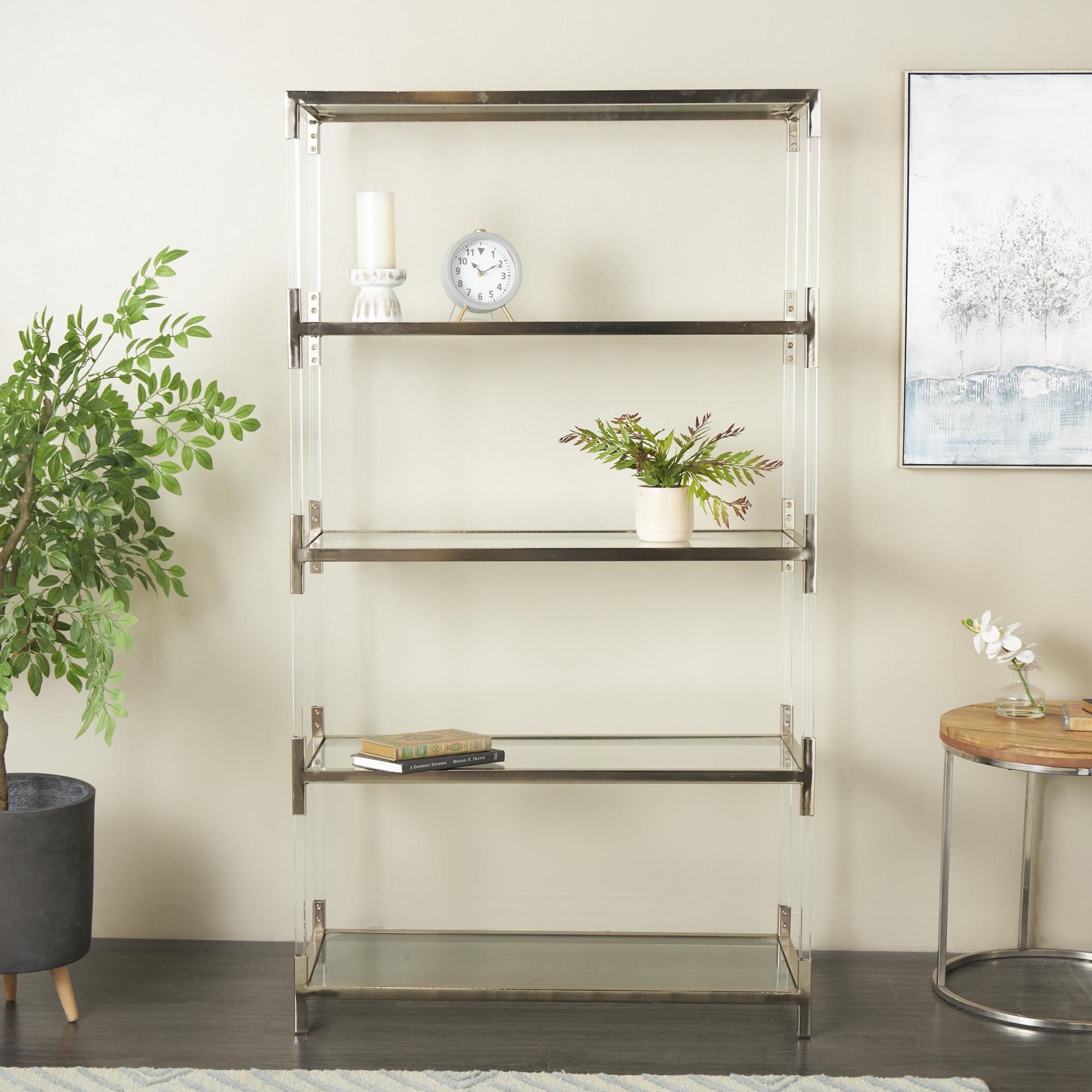 Silver Metal Rectangular 4 Tier Storage Shelving Unit with Clear Glass Top and Acrylic Legs