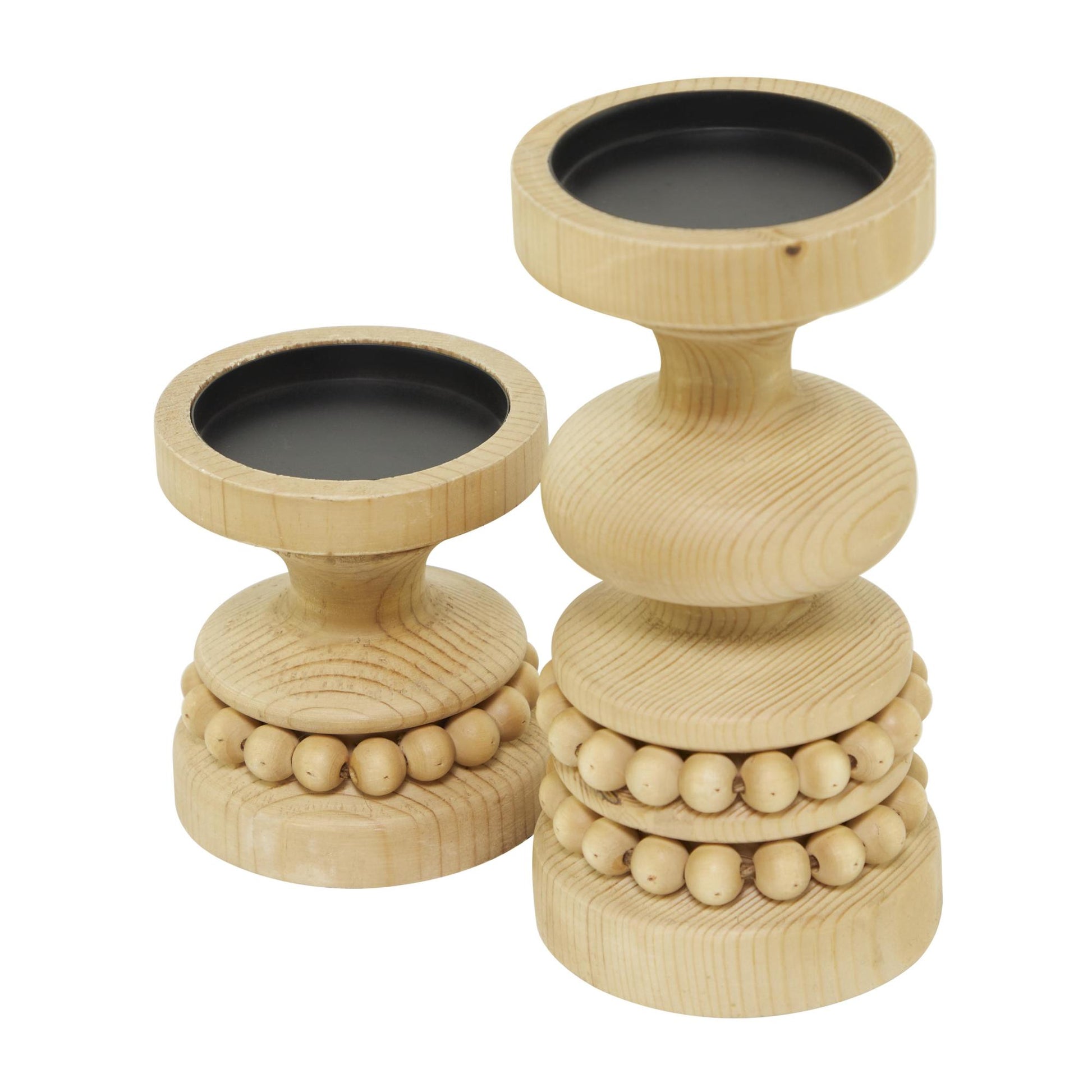 Set of 2 Wood Beaded Pillar Decorative Candle Holder