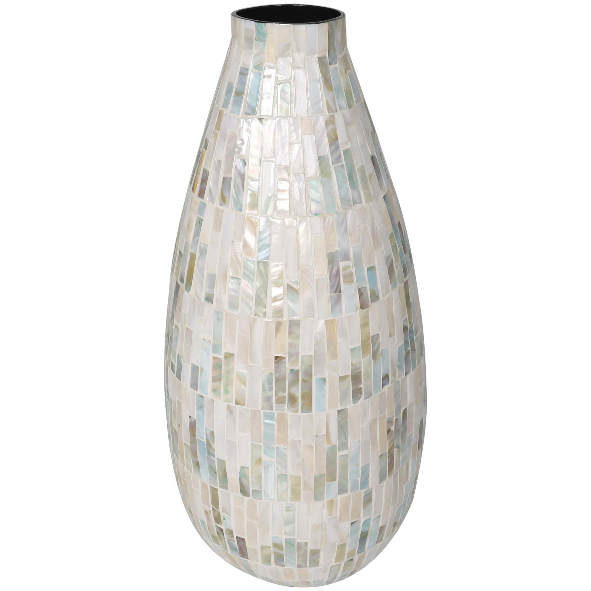 White Mother of Pearl Shell Handmade Mosaic Inspired Decorative Vase with Pastel Blue and Pink Accents
