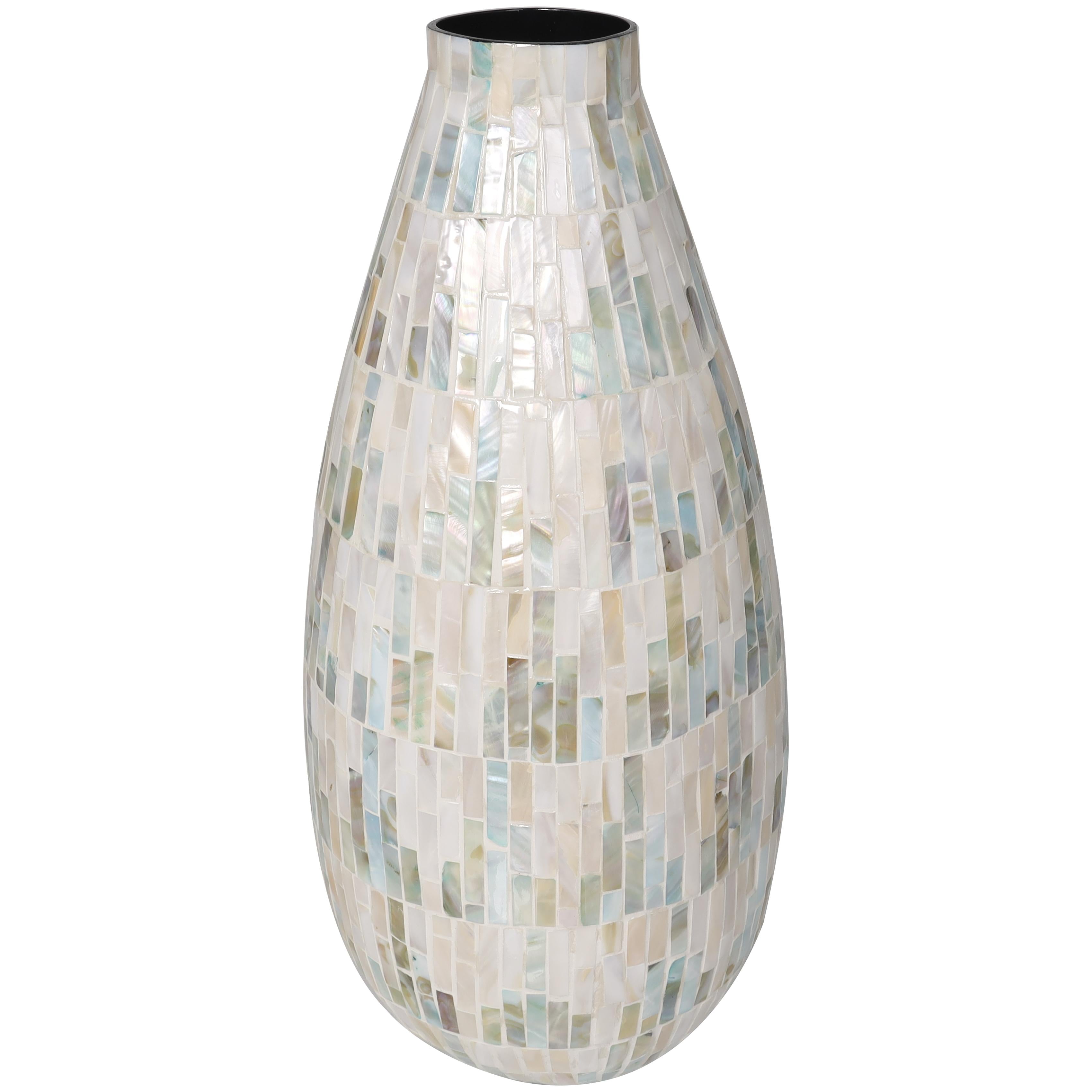 White Mother of Pearl Shell Handmade Mosaic Inspired Decorative Vase with Pastel Blue and Pink Accents