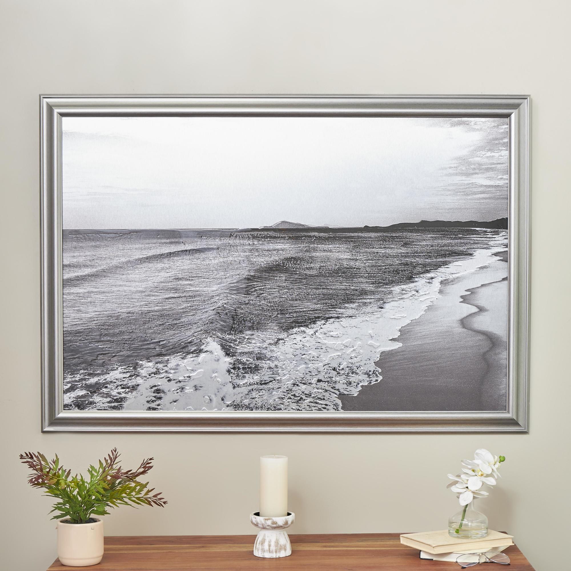 Landscape Silver Canvas Textured Ocean Living Room Framed Wall Art with Black and White Accents