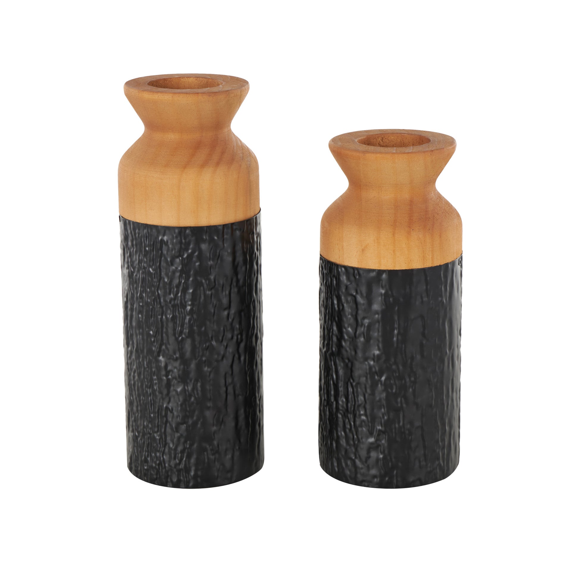 Set of 2 Metal Abstract Textured Color Block Decorative Vase with Brown Wood Tops