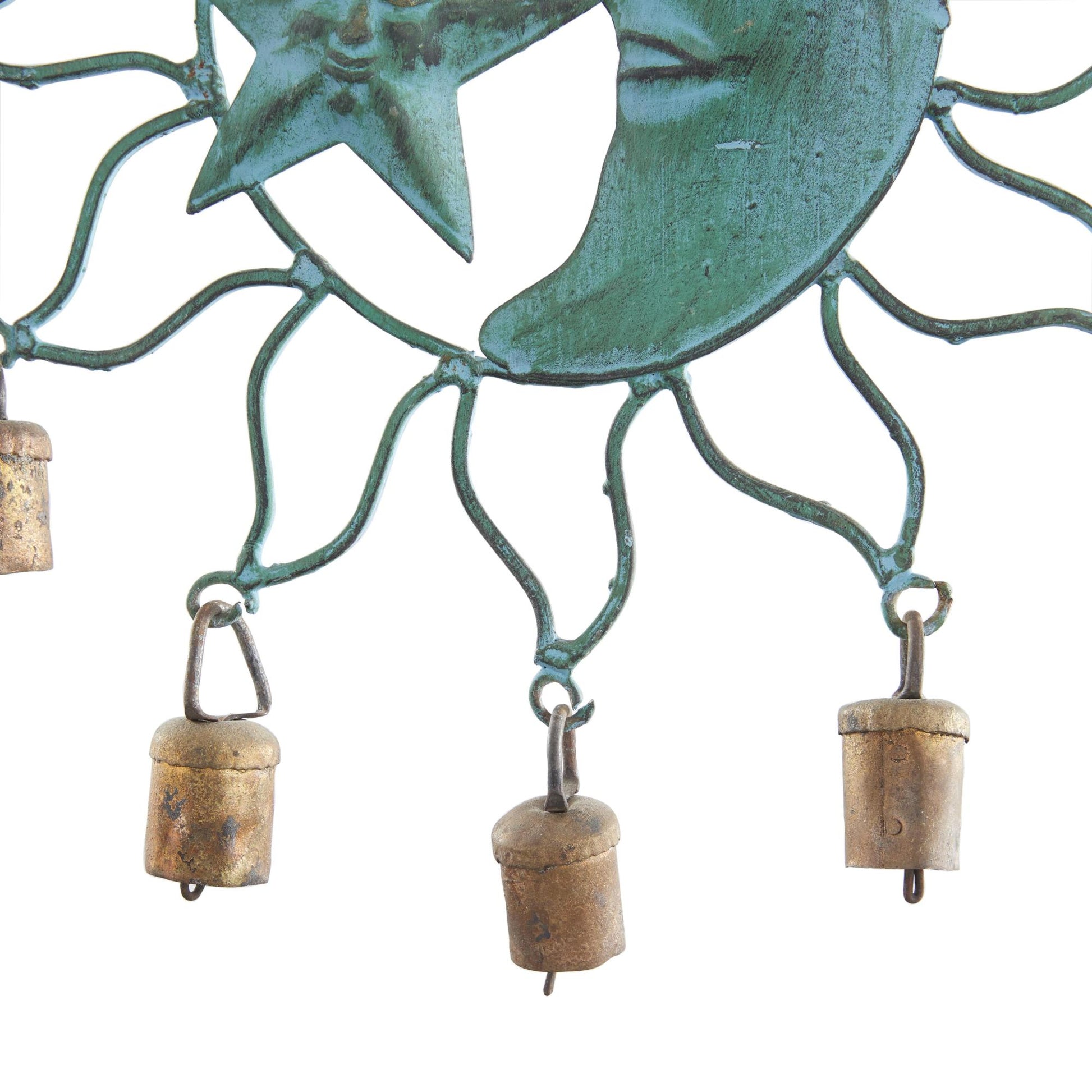 Sun and Moon Teal Metal Indoor Outdoor Windchime with Bells