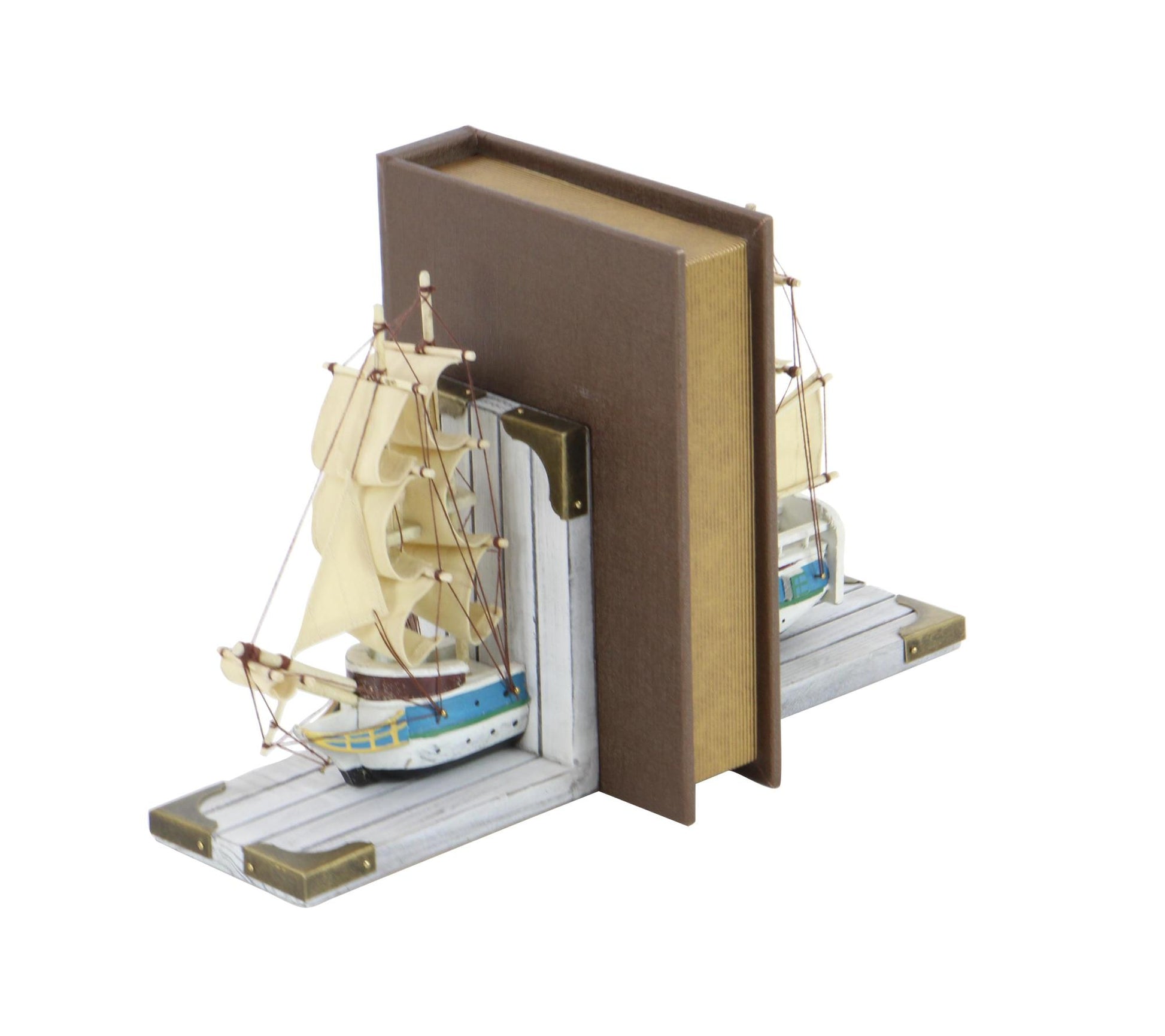 Set of 2 Sail Boat White Wood Decorative Bookends with Real Boat Rigging and Gold Corners