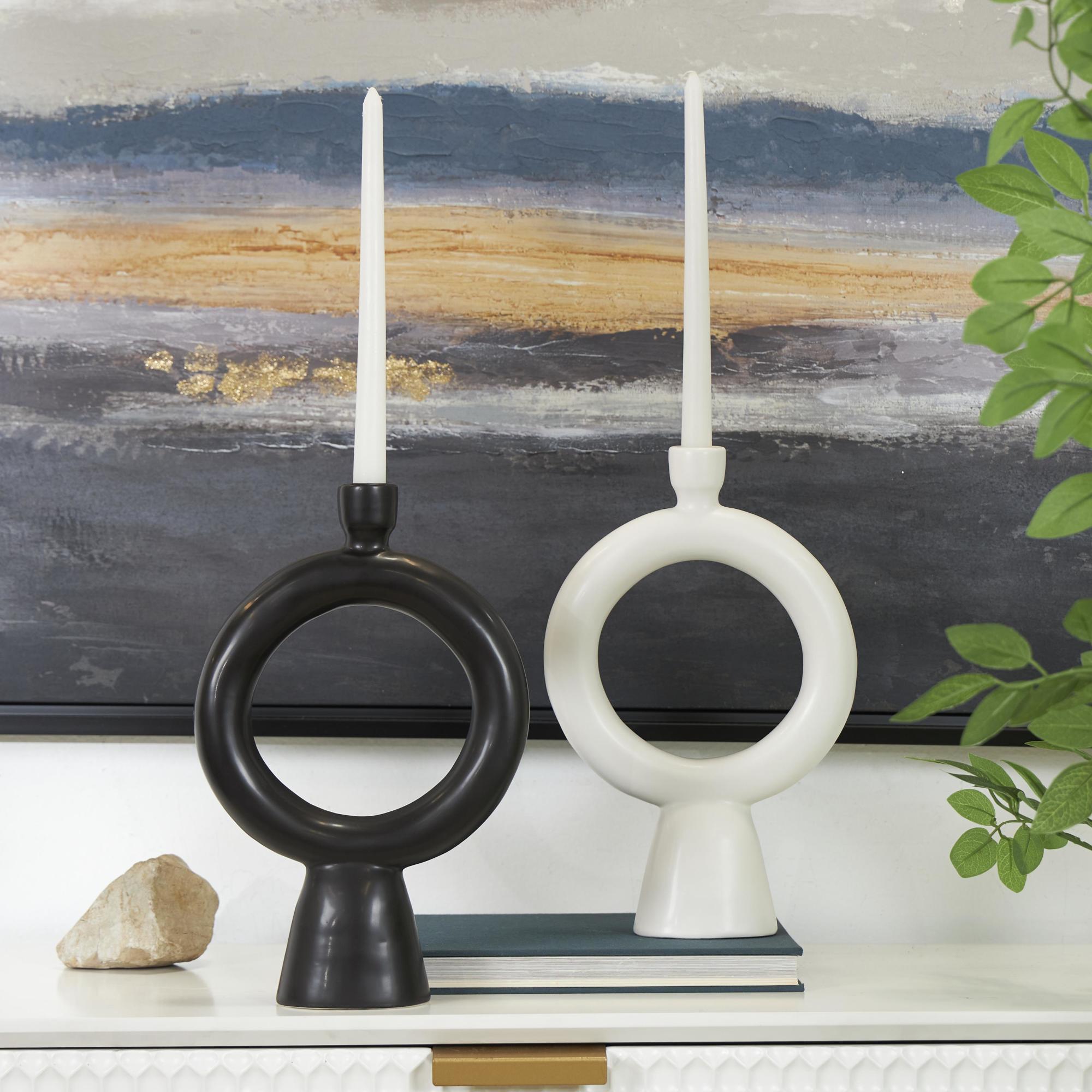 CosmoLiving by Cosmopolitan Set of 2 Geometric Black Ceramic Ring Decorative Candle Holder