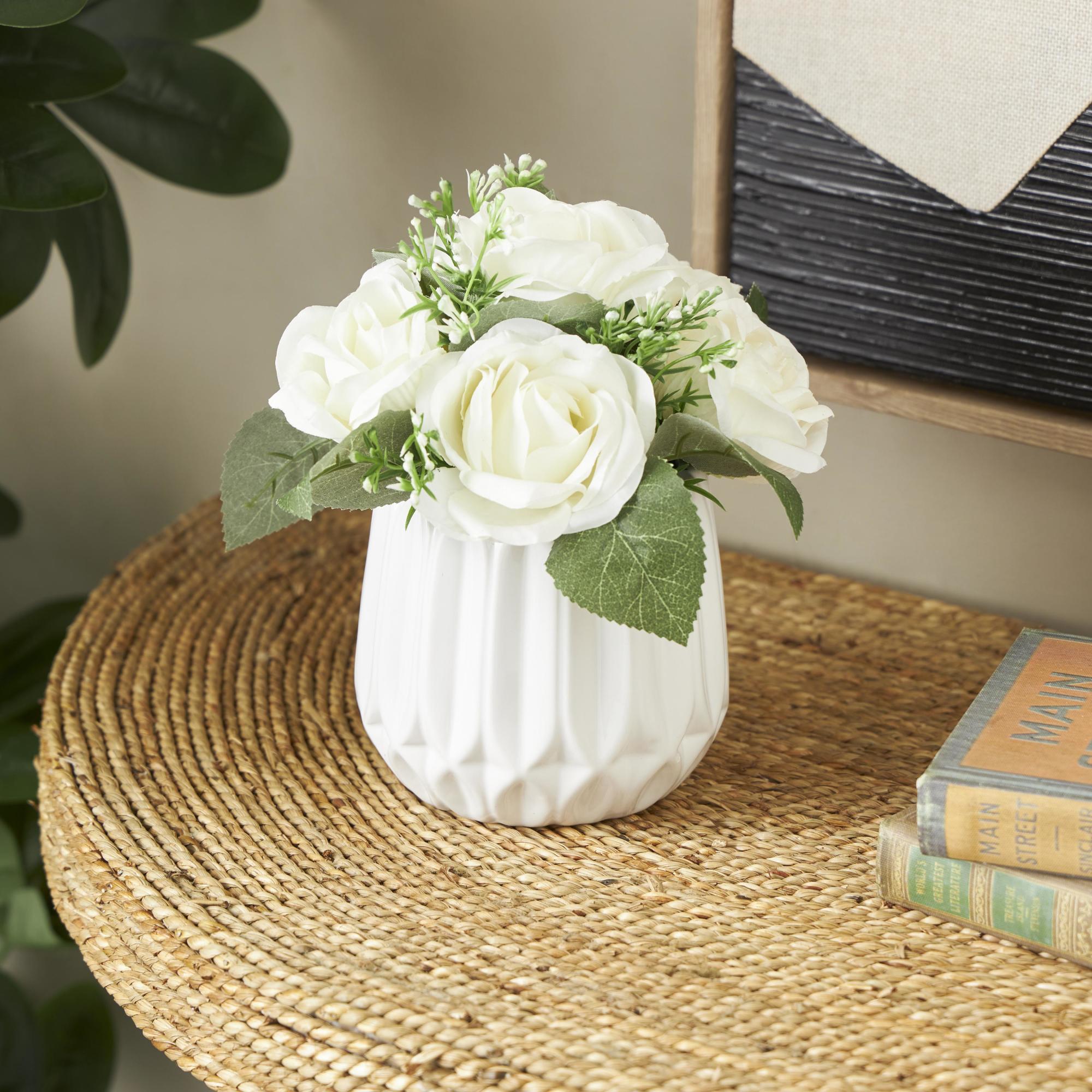 Hydrangea and Pom Pom White Fabric Indoor Outdoor Artificial Flower with Green Leaves and Round Ceramic Vase