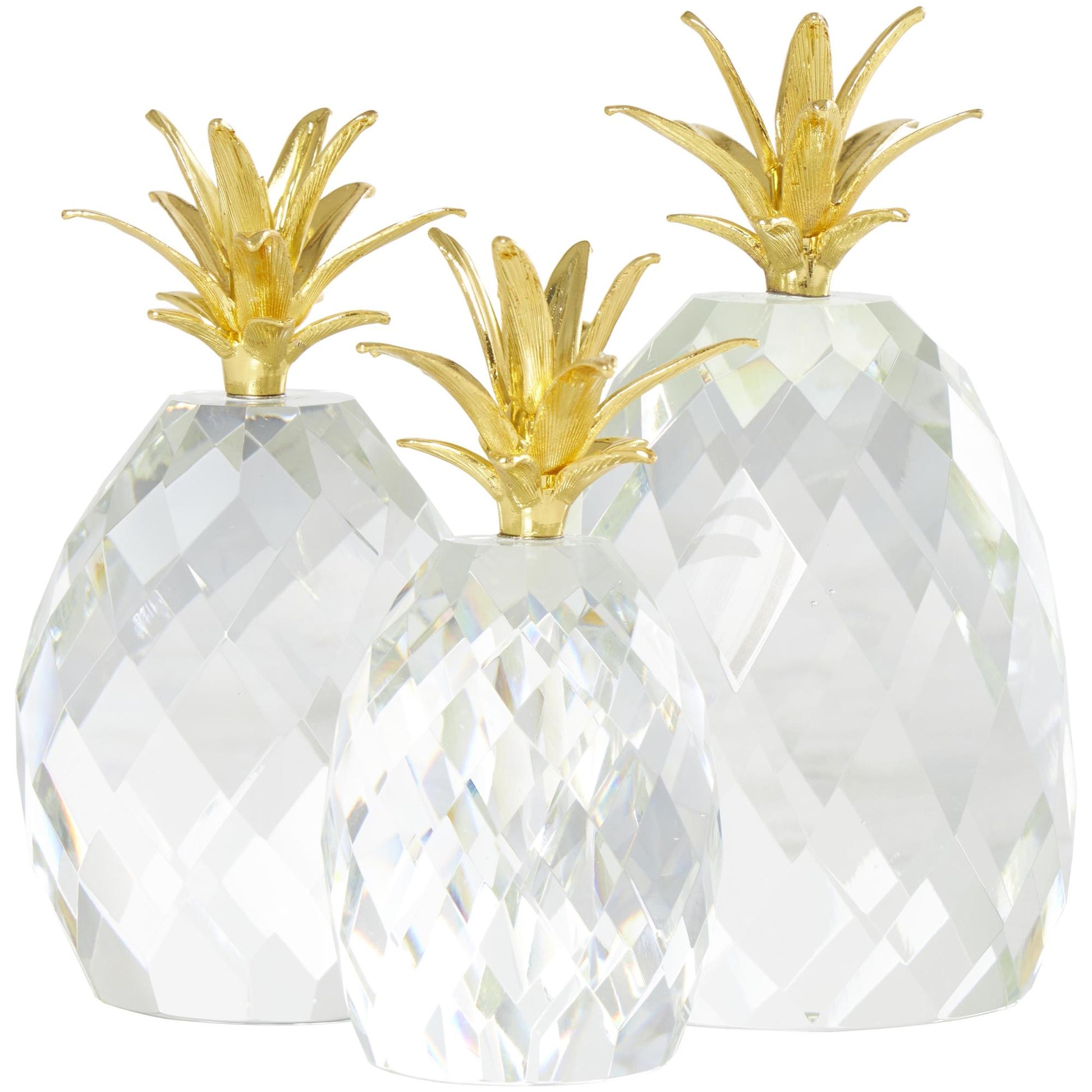 Set of 3 Fruit Clear Crystal Faceted Pineapple Decorative Sculpture with Gold Leaves