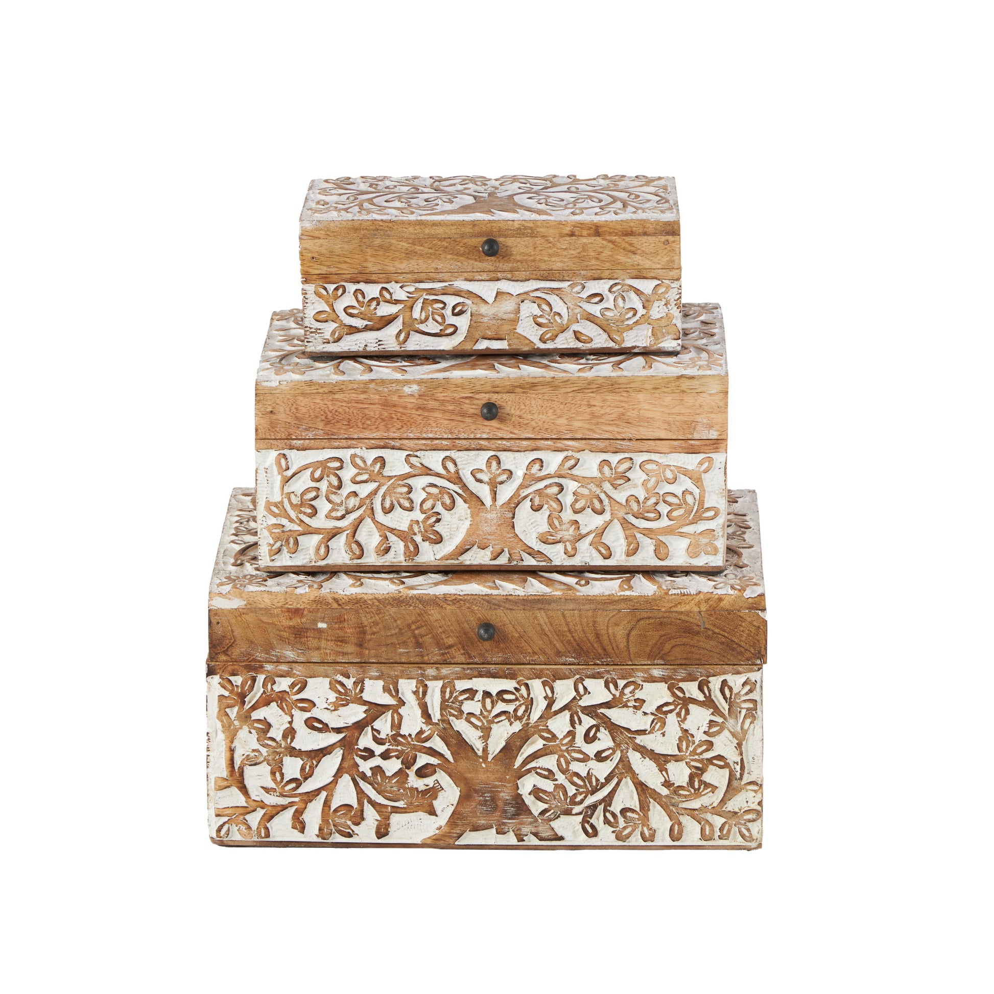 Set of 3 Tree Brown Mango Wood Carved Decorative Box with White Backing