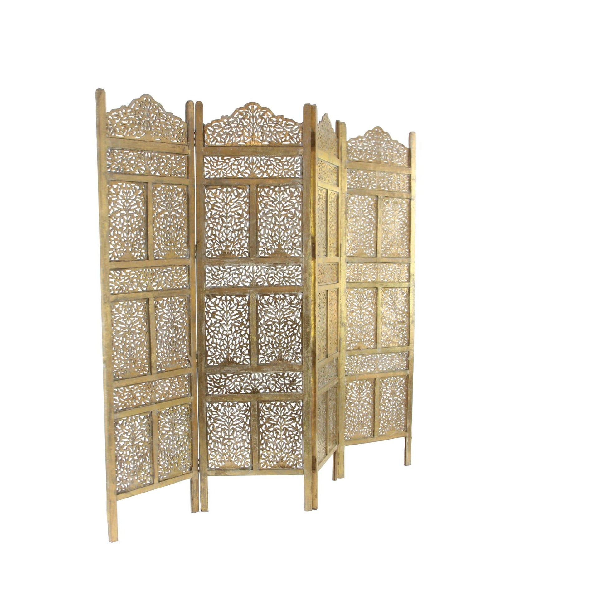 Floral Gold Wooden Handmade Foldable Partition 4 Panel Partition Room Divider Screen with Carved Designs