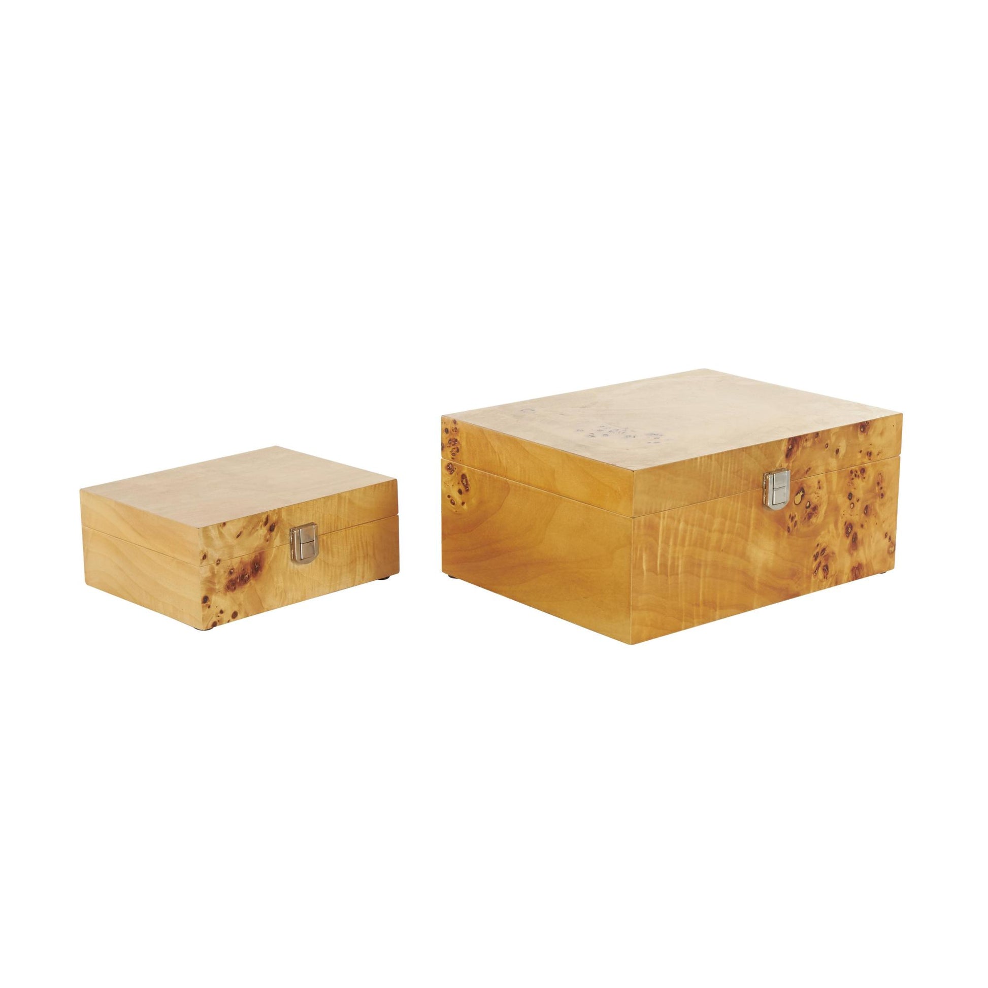 Set of 2 Brown Wood Storage Decorative Box with Natural Wood Grains and Silver Latches