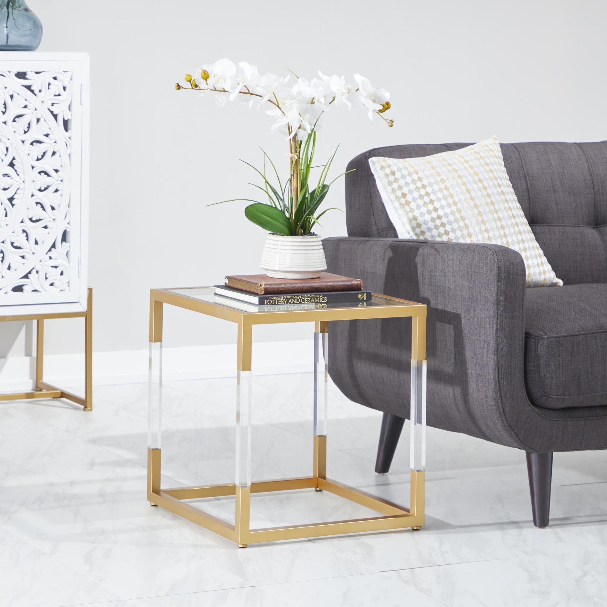 Floral Metal Cube Shaped Side End Accent Table with Clear Glass Top and Acrylic Legs 19" x 19" x 20"