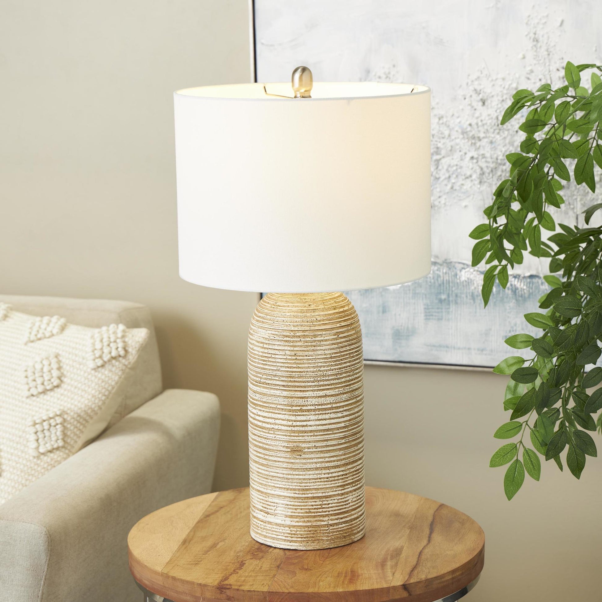 Brown Wood Room Table Lamp with White Drum Shade