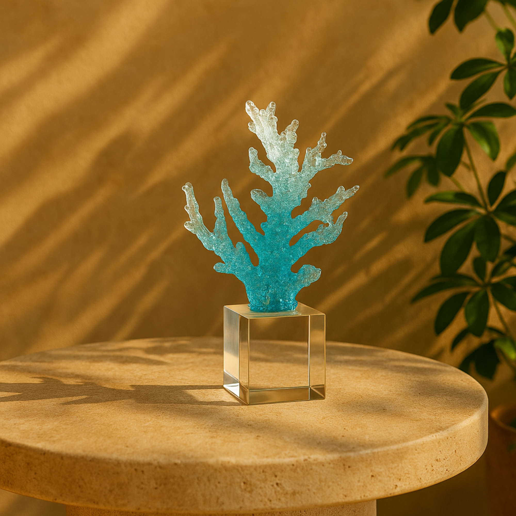 Coral Blue Glass Ombre Decorative Sculpture with Clear Square Base